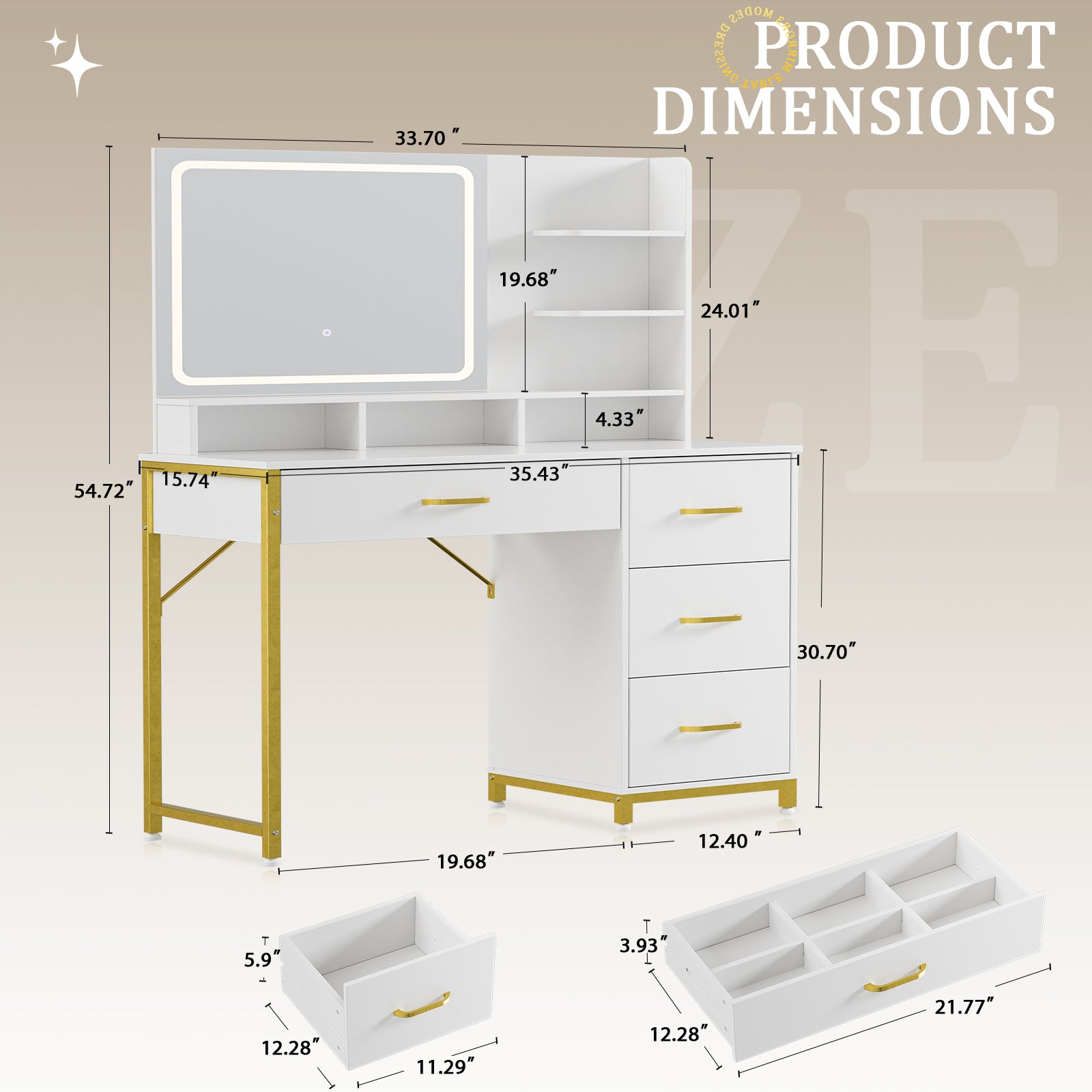 COMHOMA Vanity Desk with Mirror and Lights, 4 Drawers & Storage Shelves B1006-CH