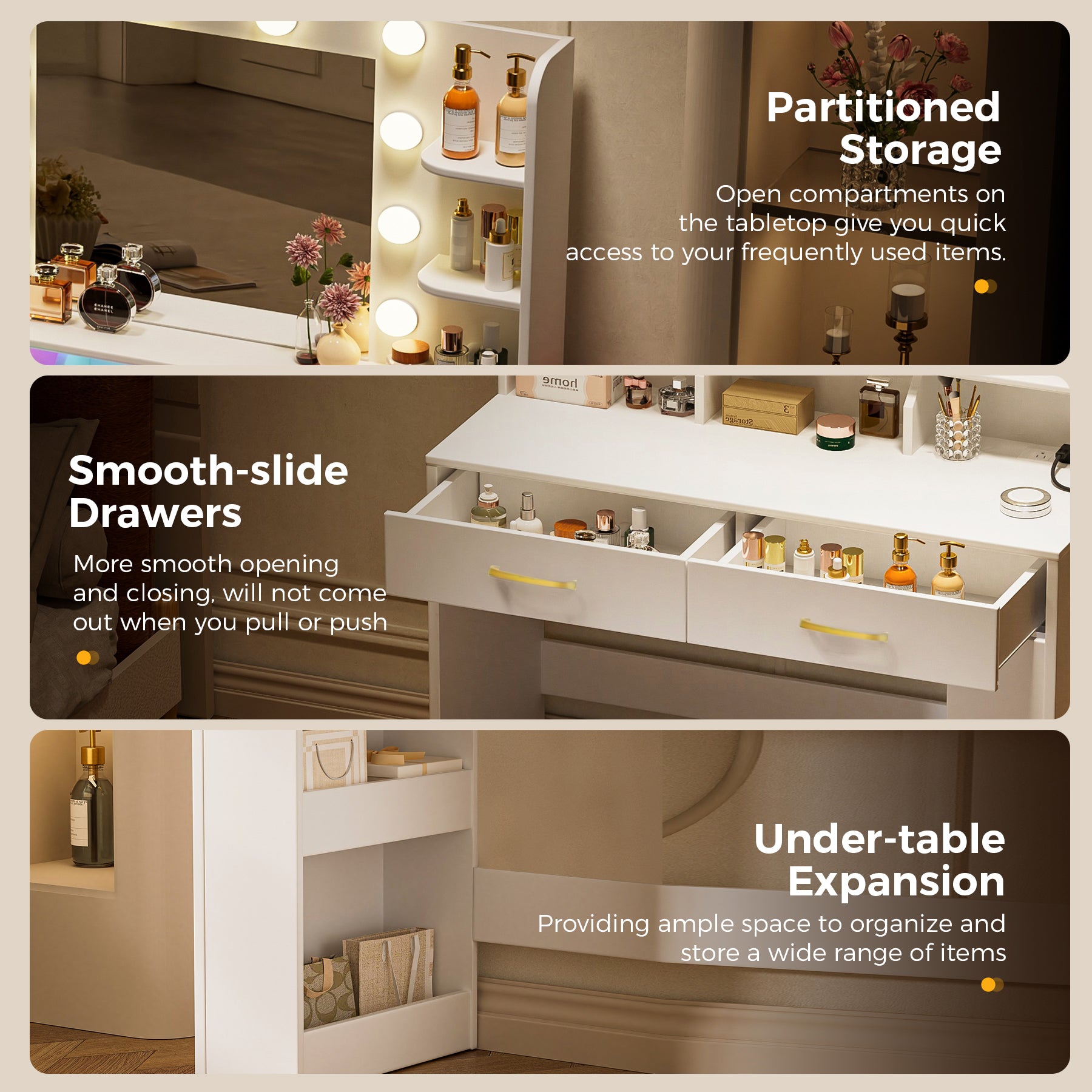 COMHOMA Vanity Desk with Large Storage, RGB LED Lights and Power Outlet B1004