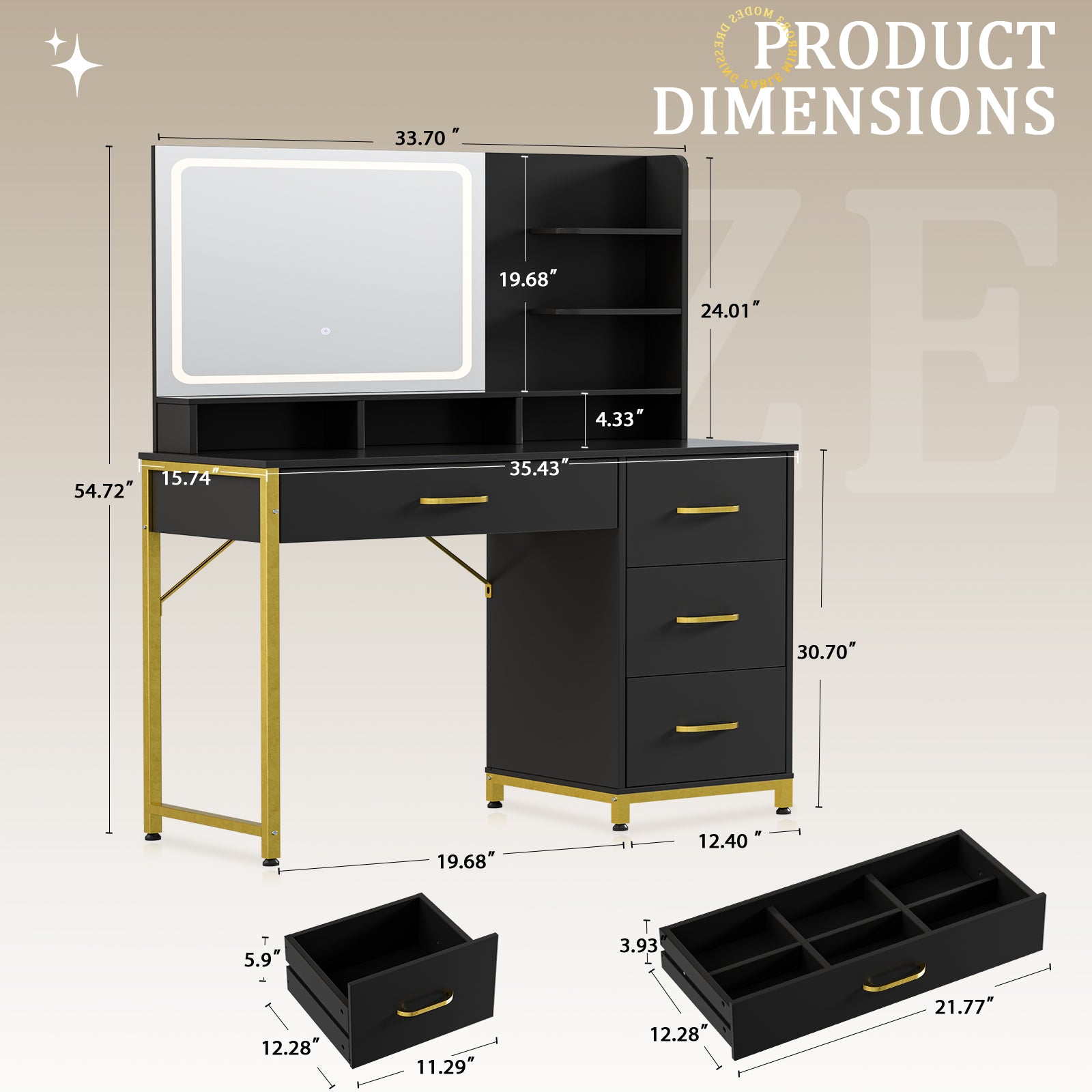 COMHOMA Vanity Desk with Mirror and Lights, 4 Drawers & Storage Shelves B1006-CH