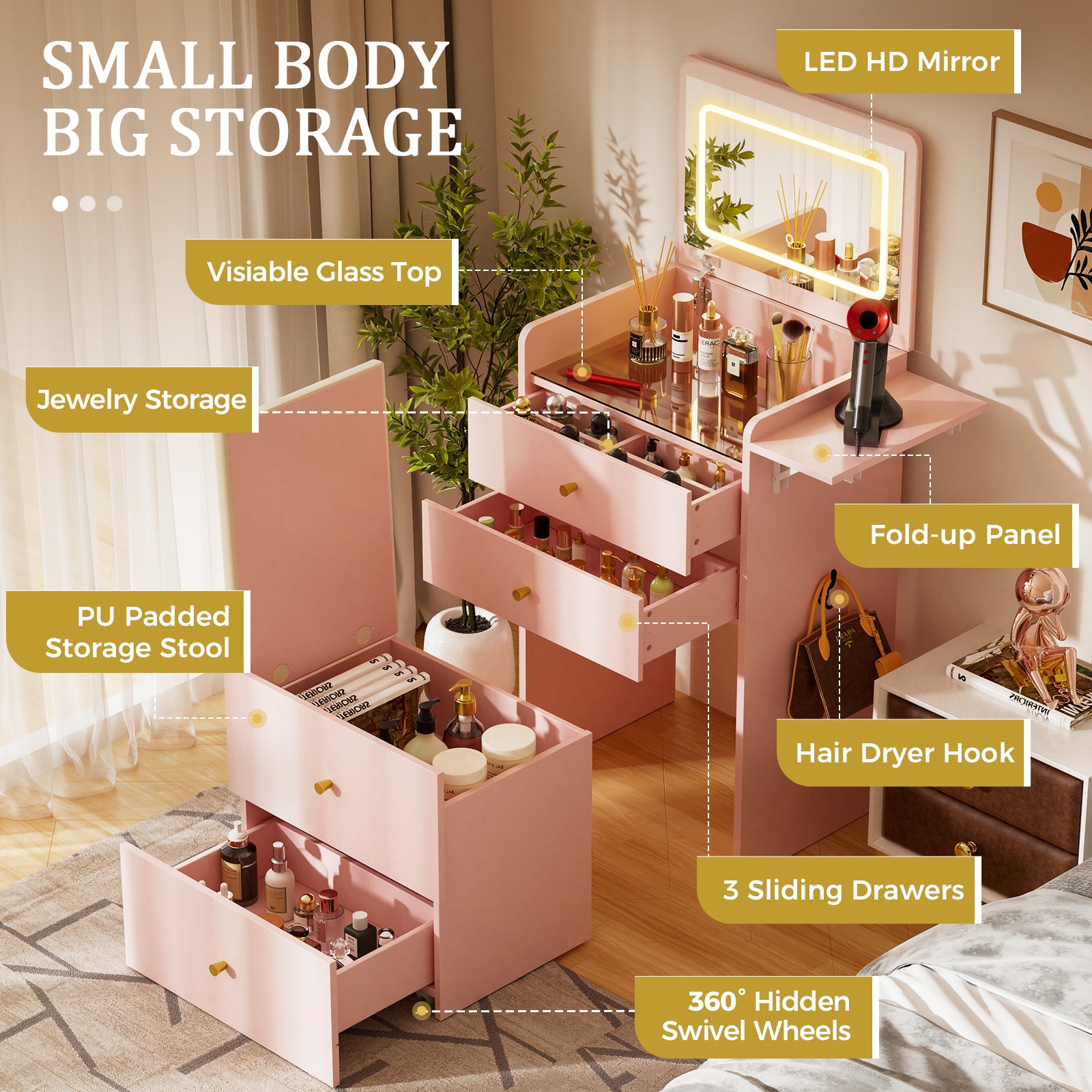 COMHOMA Small 3 in 1 Makeup Vanity Desk with Mirror and Lights B400