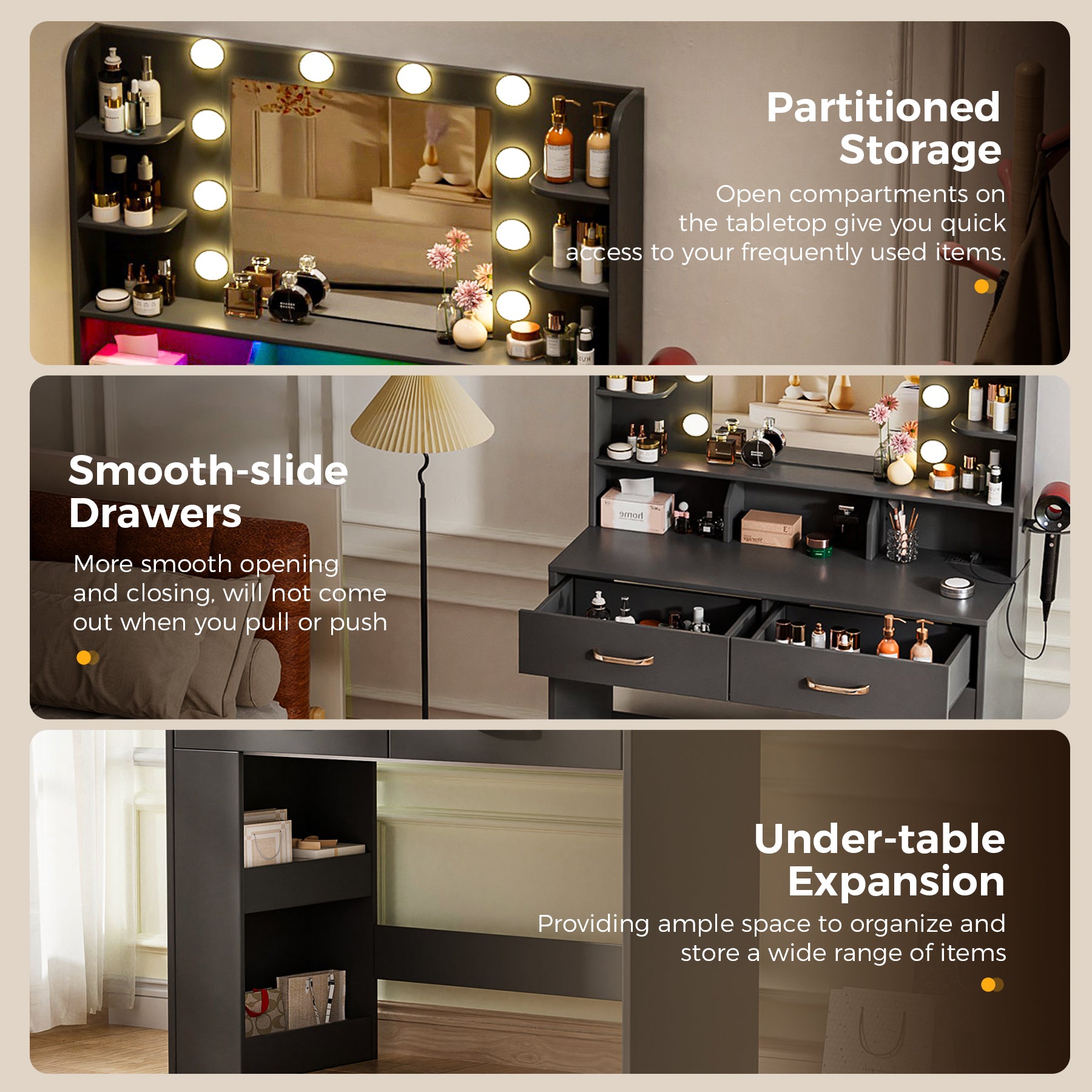 COMHOMA Vanity Desk with Large Storage, Lighted Mirror and Power Outlet B1004