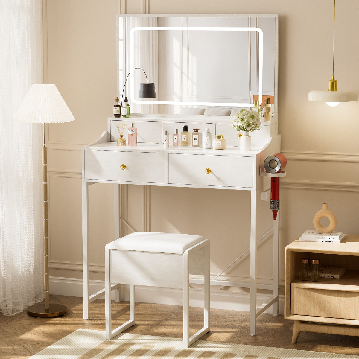 COMHOMA® 27" Makeup Vanity Desk Set with 3-Color LED Mirror, Charging Station & 5 Drawers B205