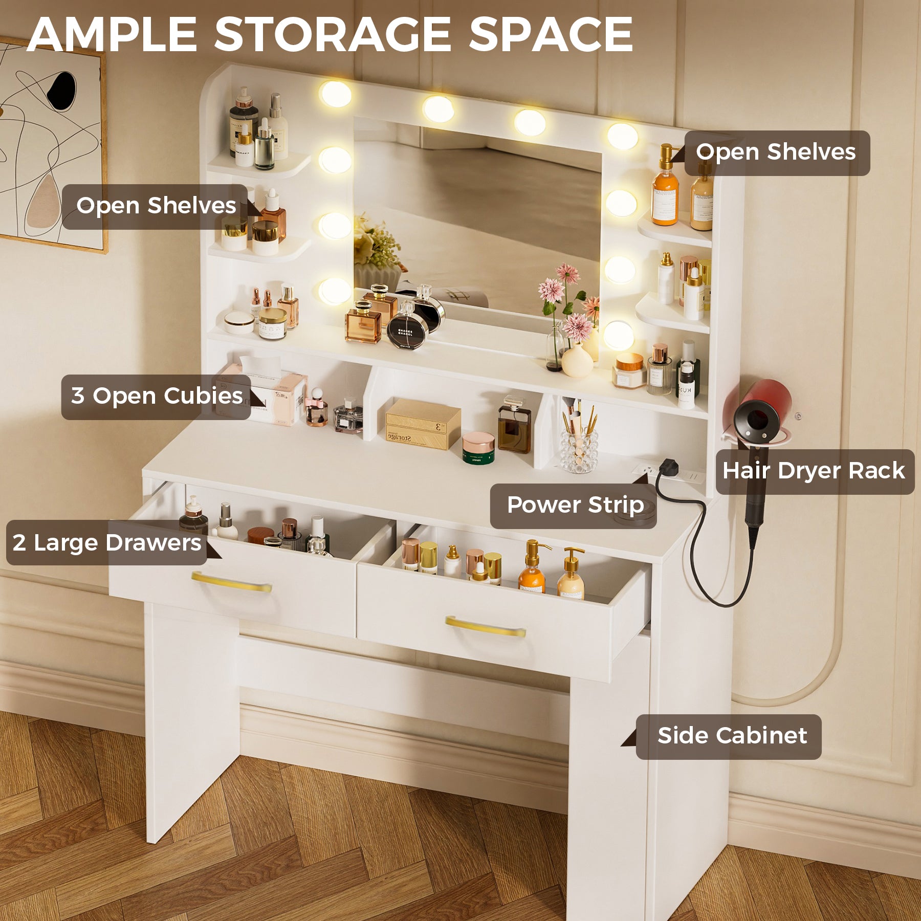 COMHOMA Vanity Desk with Large Storage, Lighted Mirror and Power Outlet B1004