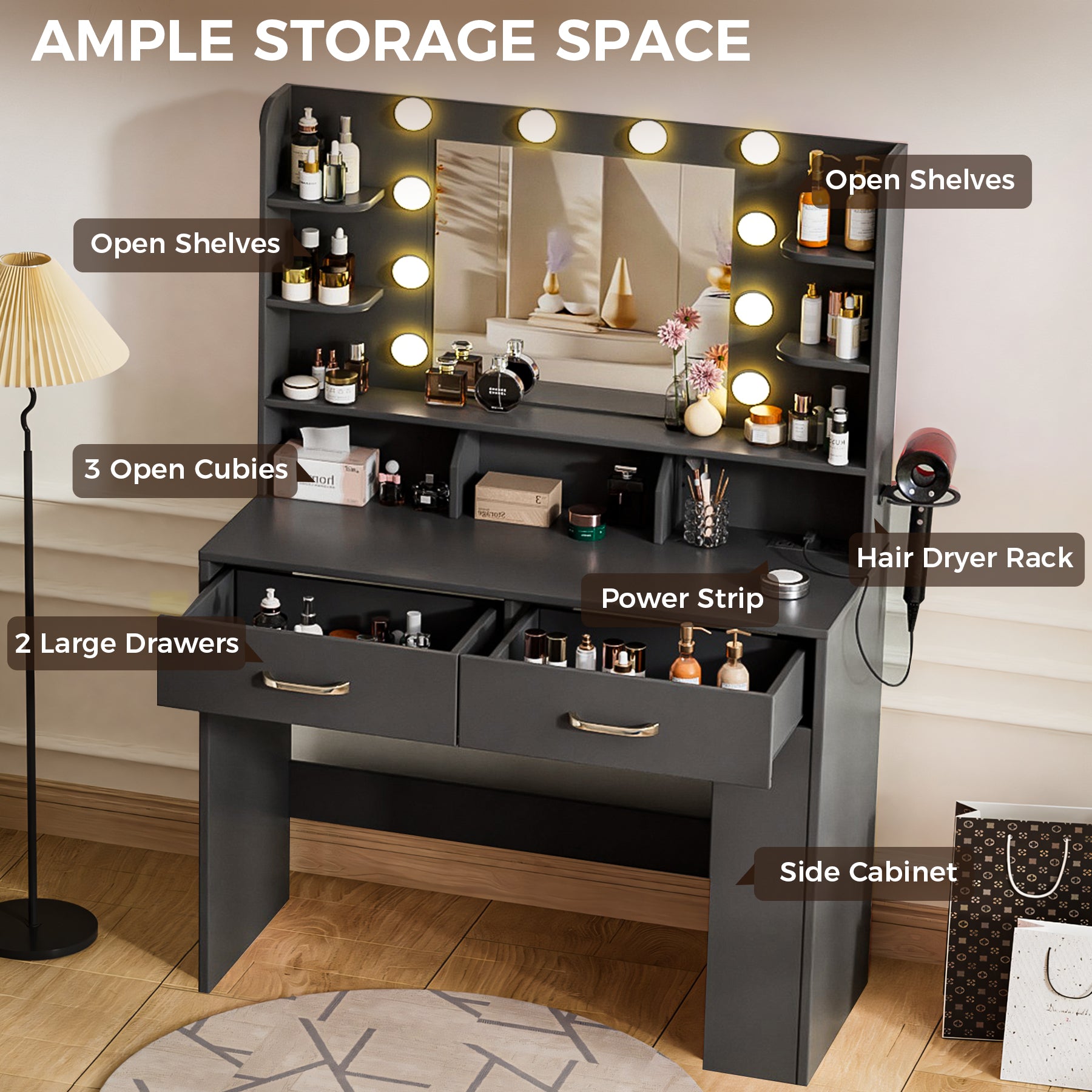 COMHOMA Vanity Desk with Large Storage, Lighted Mirror and Power Outlet B1004