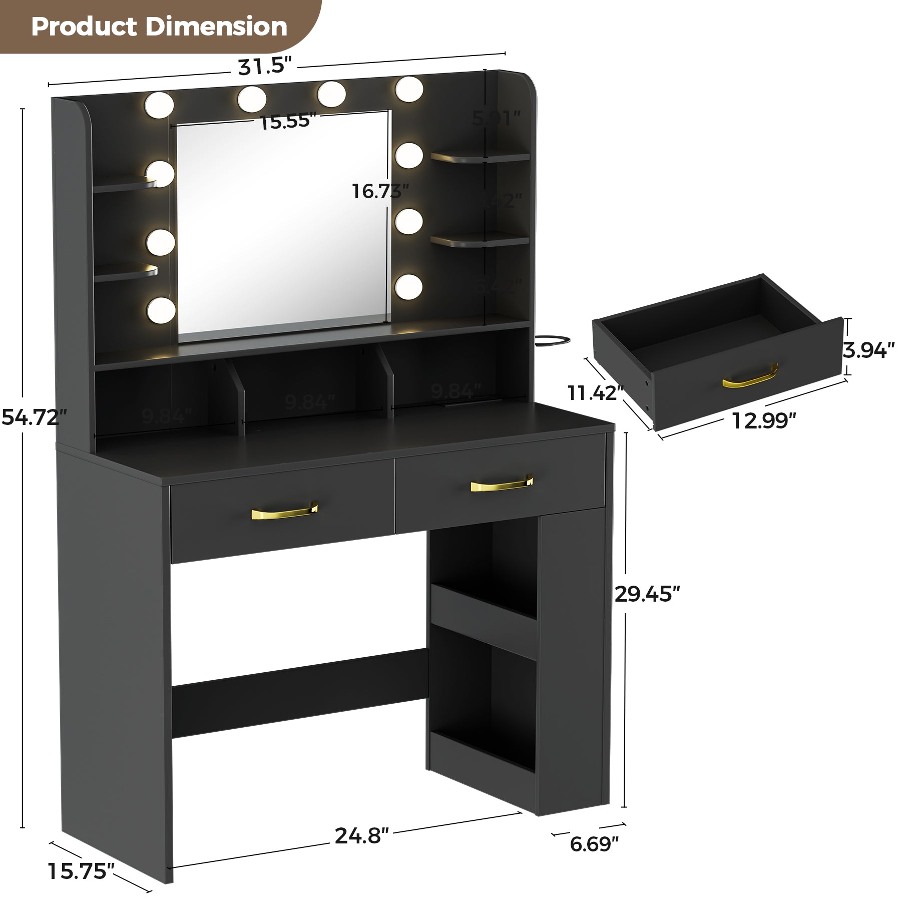 COMHOMA Vanity Desk with Large Storage, Lighted Mirror and Power Outlet B1004
