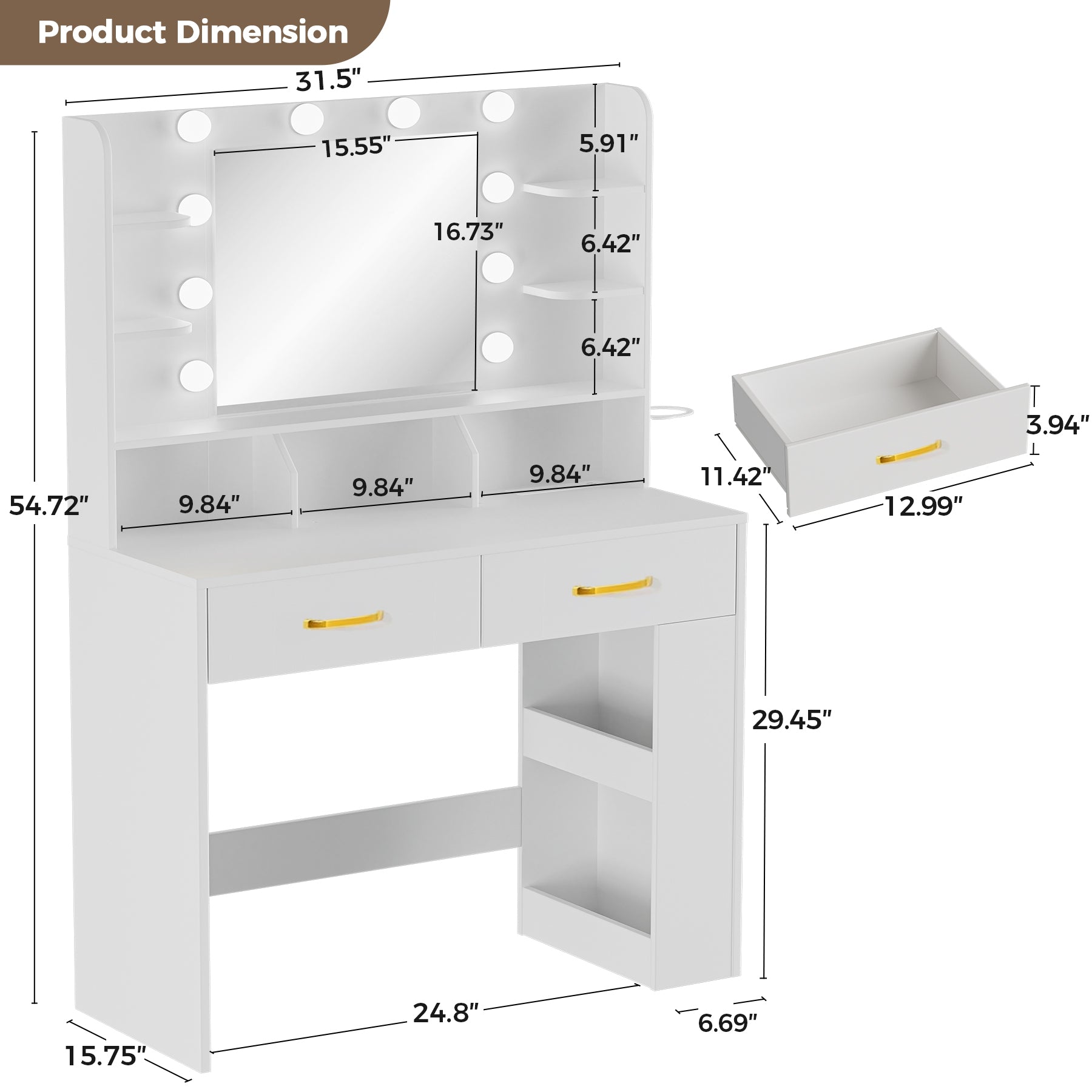 COMHOMA Vanity Desk with Large Storage, Lighted Mirror and Power Outlet B1004