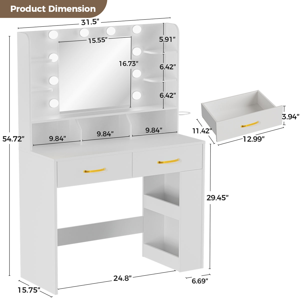 White vanity desk with illuminated mirror surrounded by 10 round lights, three small open shelves, two drawers with gold handles, side cubbies, and detailed product dimensions labeled.