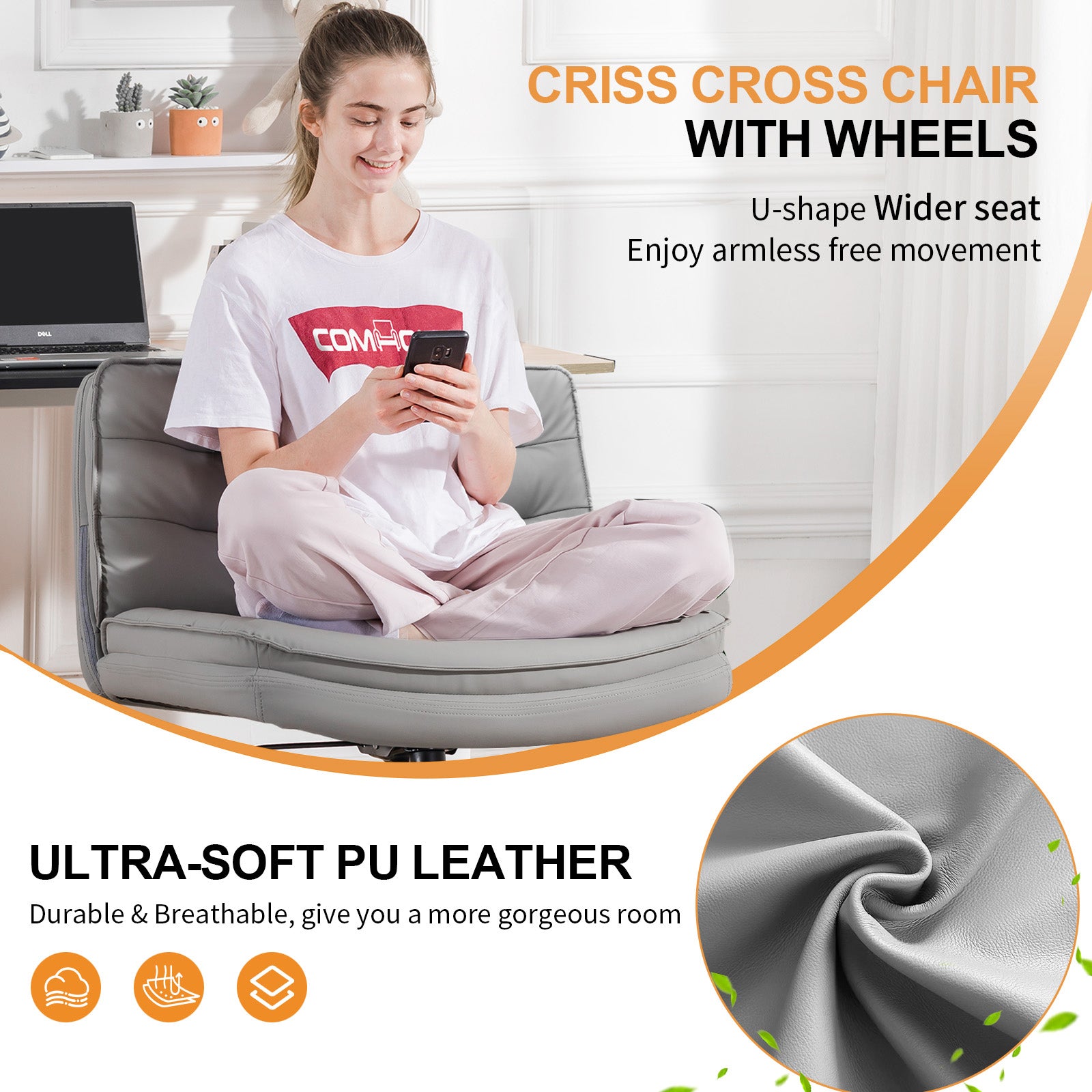 COMHOMA Armless Office Desk Chair with Wheels, PU Leather Padded Cross Legged Office Chair,WMT-CH310