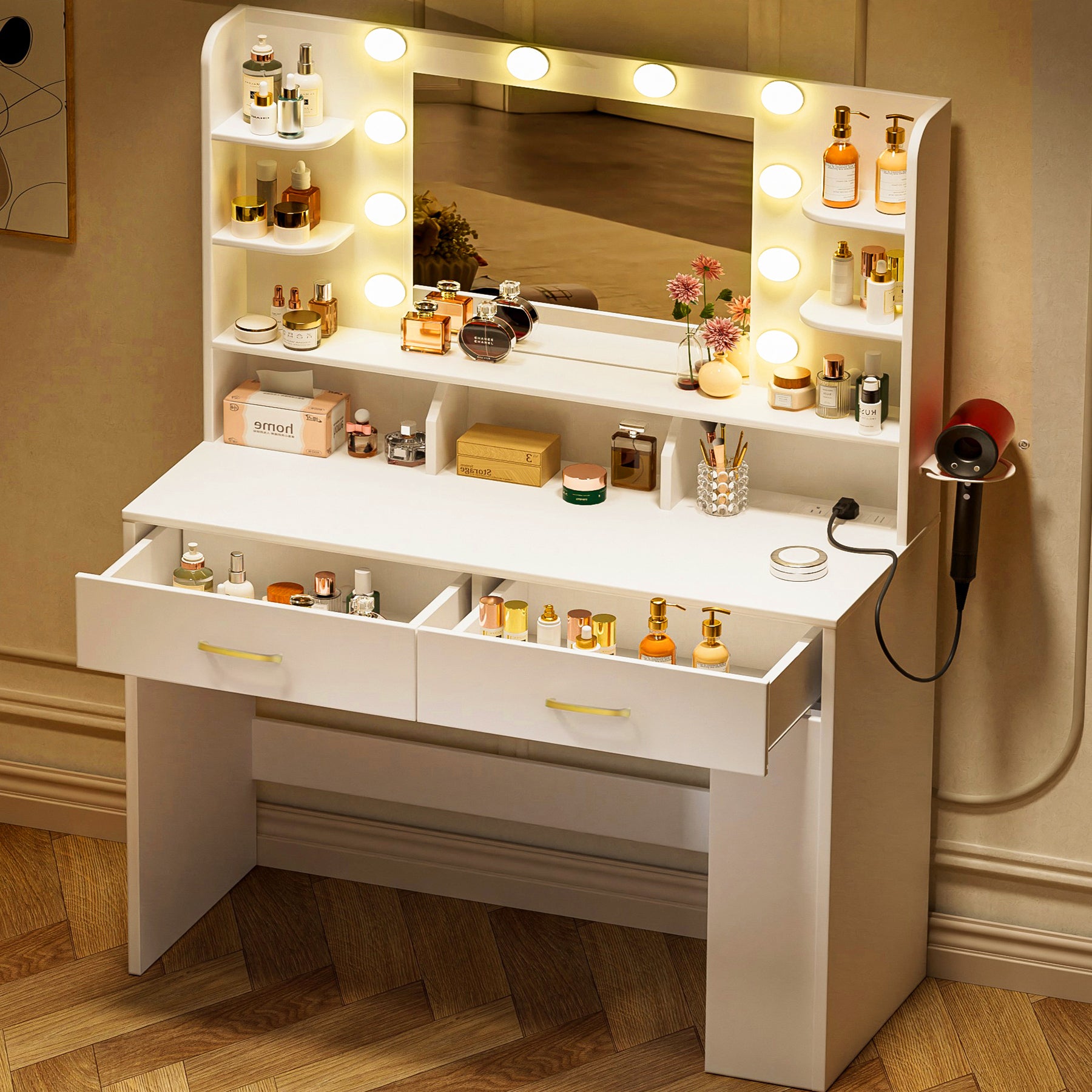 COMHOMA Vanity Desk with Large Storage, Lighted Mirror and Power Outlet B1004