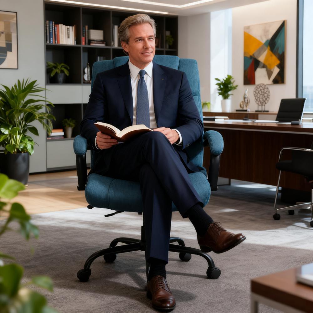 Comfortable Blue Fabric Executive Office Chair with Padded Arms, Ergonomic Design & Swivel Wheels for Home Office