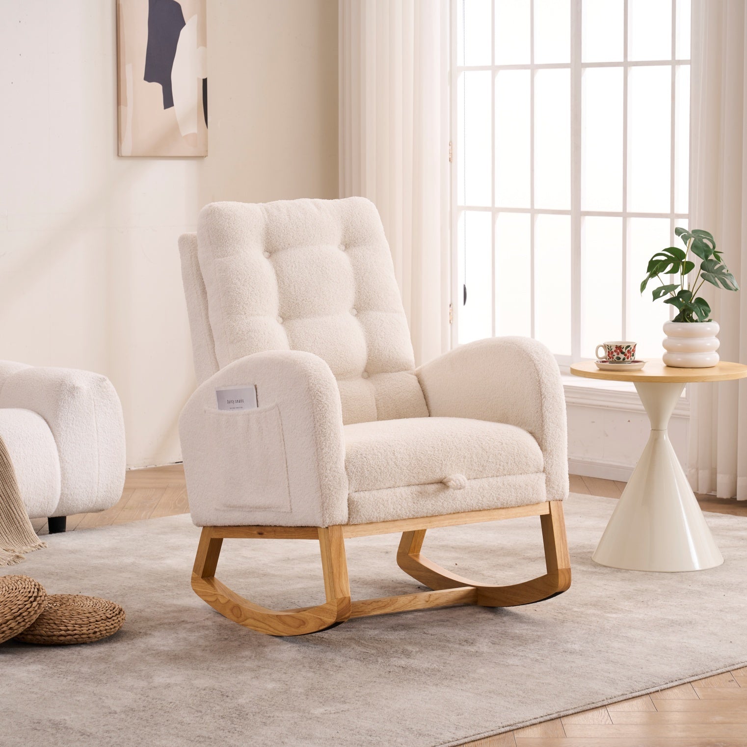 LY-5104 Plush Accent Rocking Chair with Footrest, Cream White High-Back Rocker, Rubber Wood Lounge Chair for Nursery & Living Room, 38.36'W x 26.77'D x 39.76'H