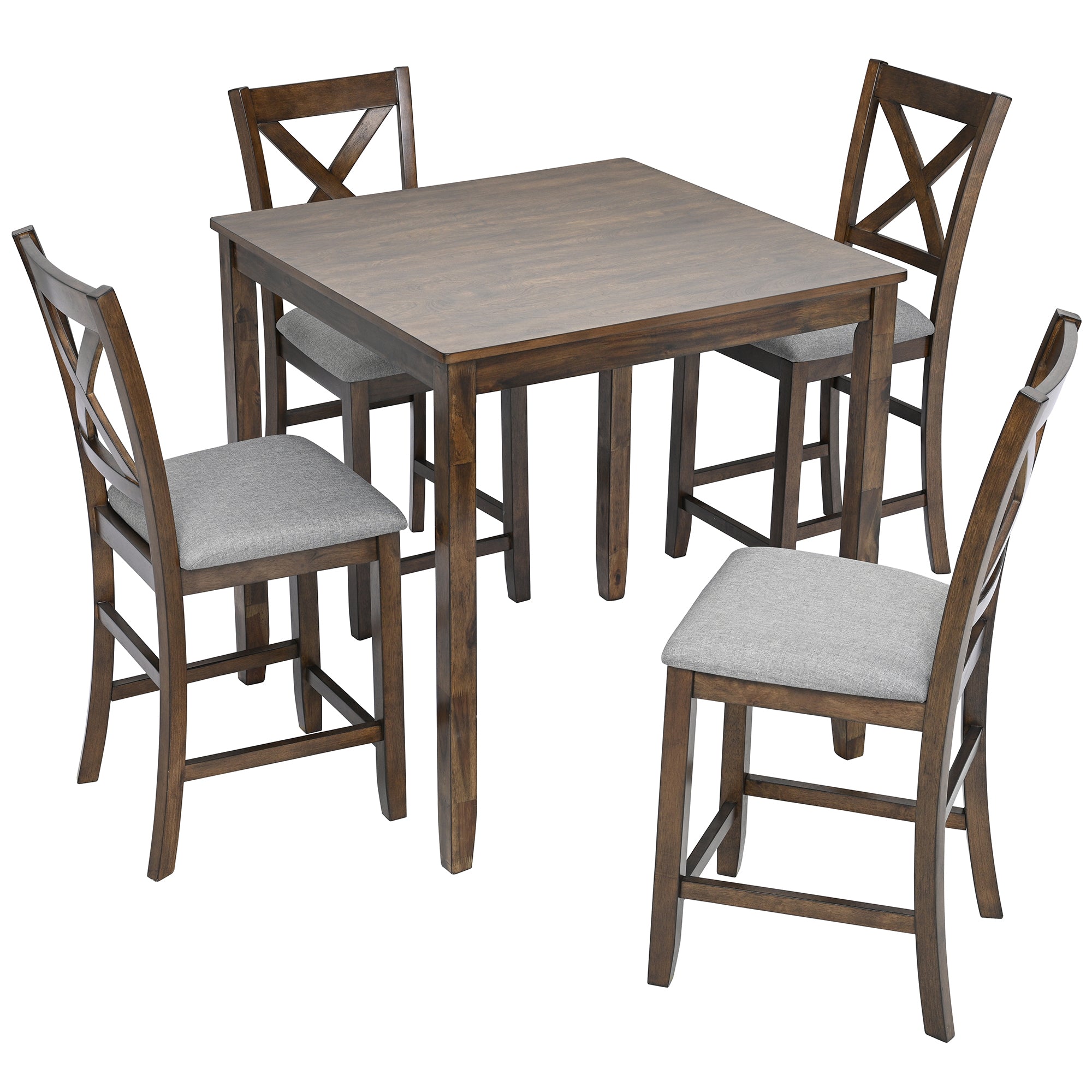 5 Piece Dining Table Set, Wooden Dining Square Table Set for 4, Counter Height Kitchen Table Set with Square Table and 4 Upholstered Chairs for Small Space, Walnut