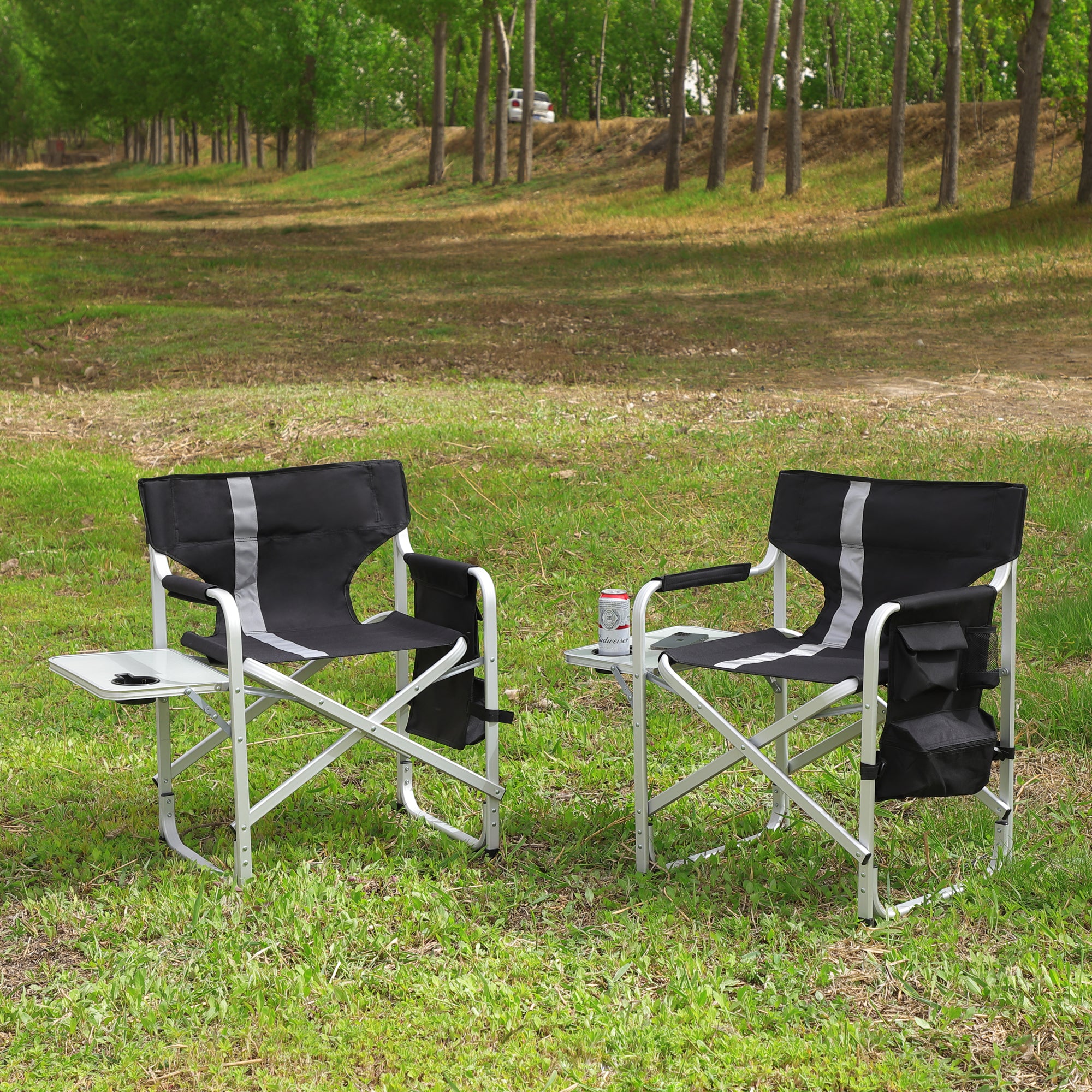 2-piece Padded Folding Outdoor Chair with Side Table and Storage Pockets,Lightweight Oversized Directors Chair for indoor, Outdoor Camping, Picnics and Fishing,Black & Grey