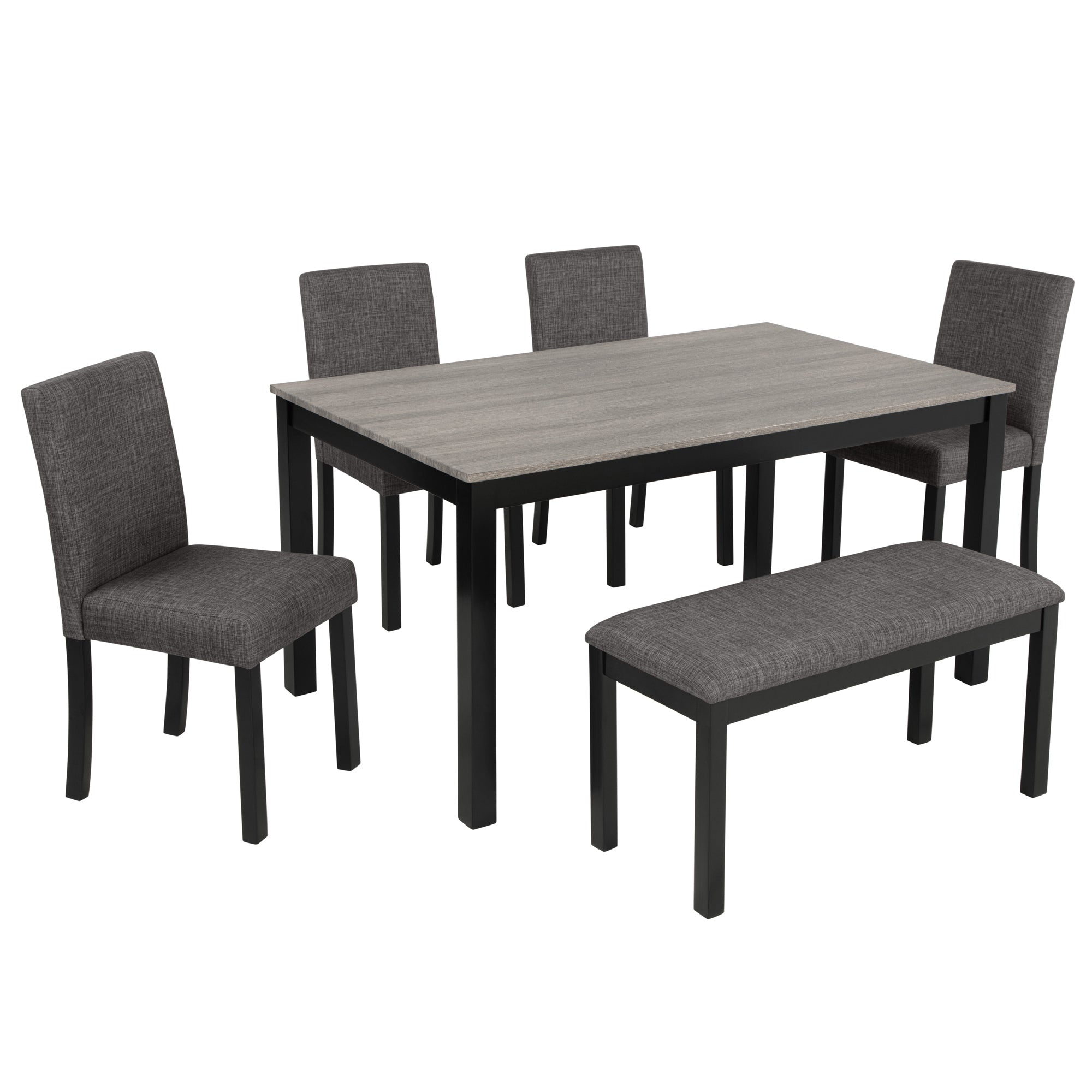 Modern 6-Piece Dining Table Set with Bench and Chairs for Dining Room or Kitchen – Light Grey & Black Two-Tone