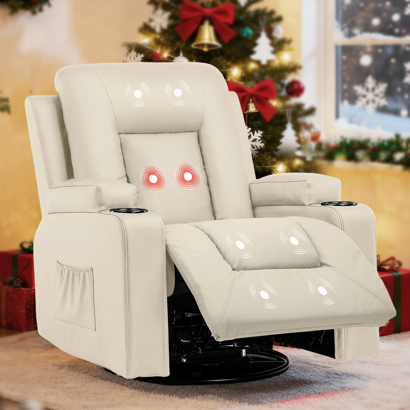 COMHOMA PU Leather Swivel Rocker Recliner With Cup Holders H7134