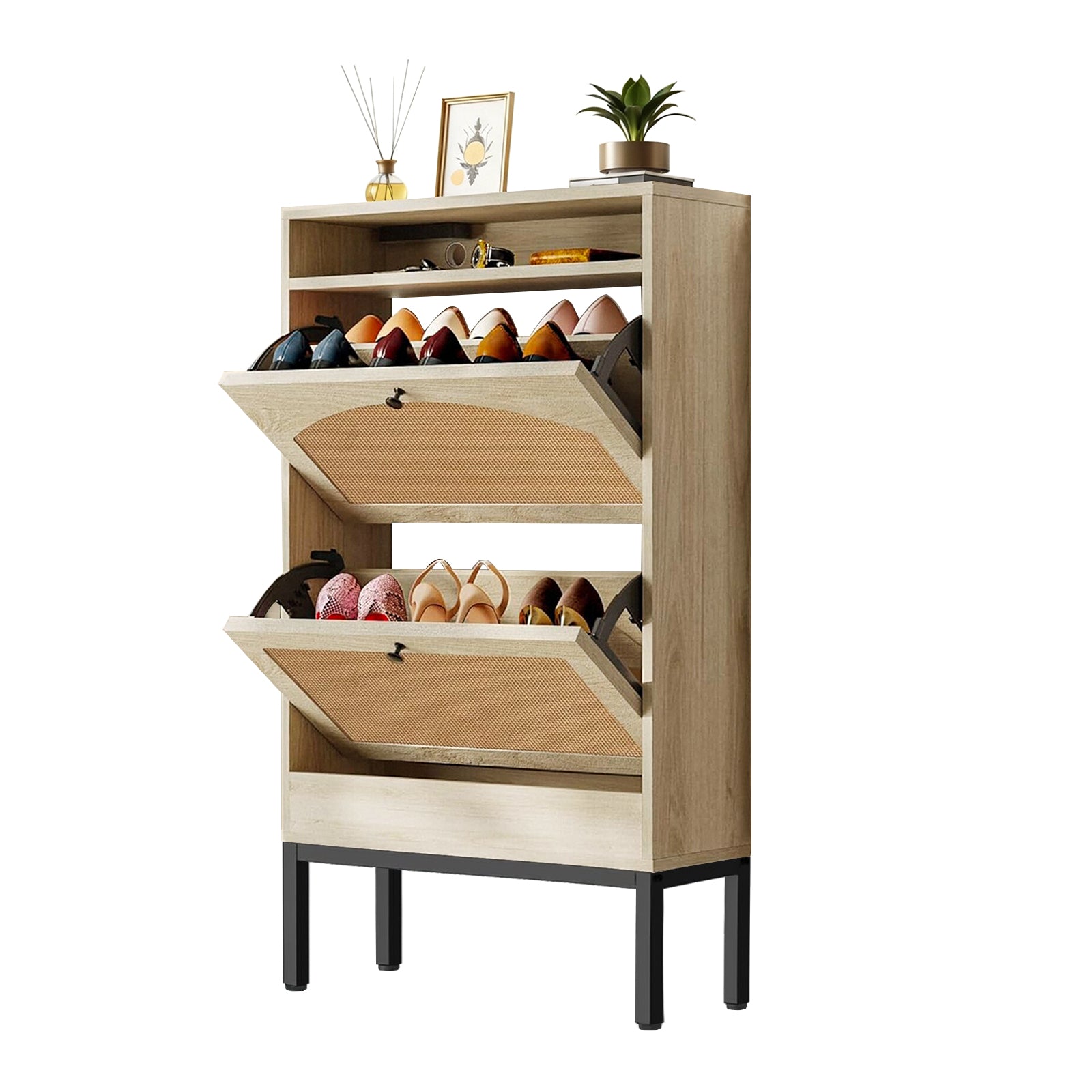 Shoe Storage Cabinet with 2 Flip Drawers & Charging Station