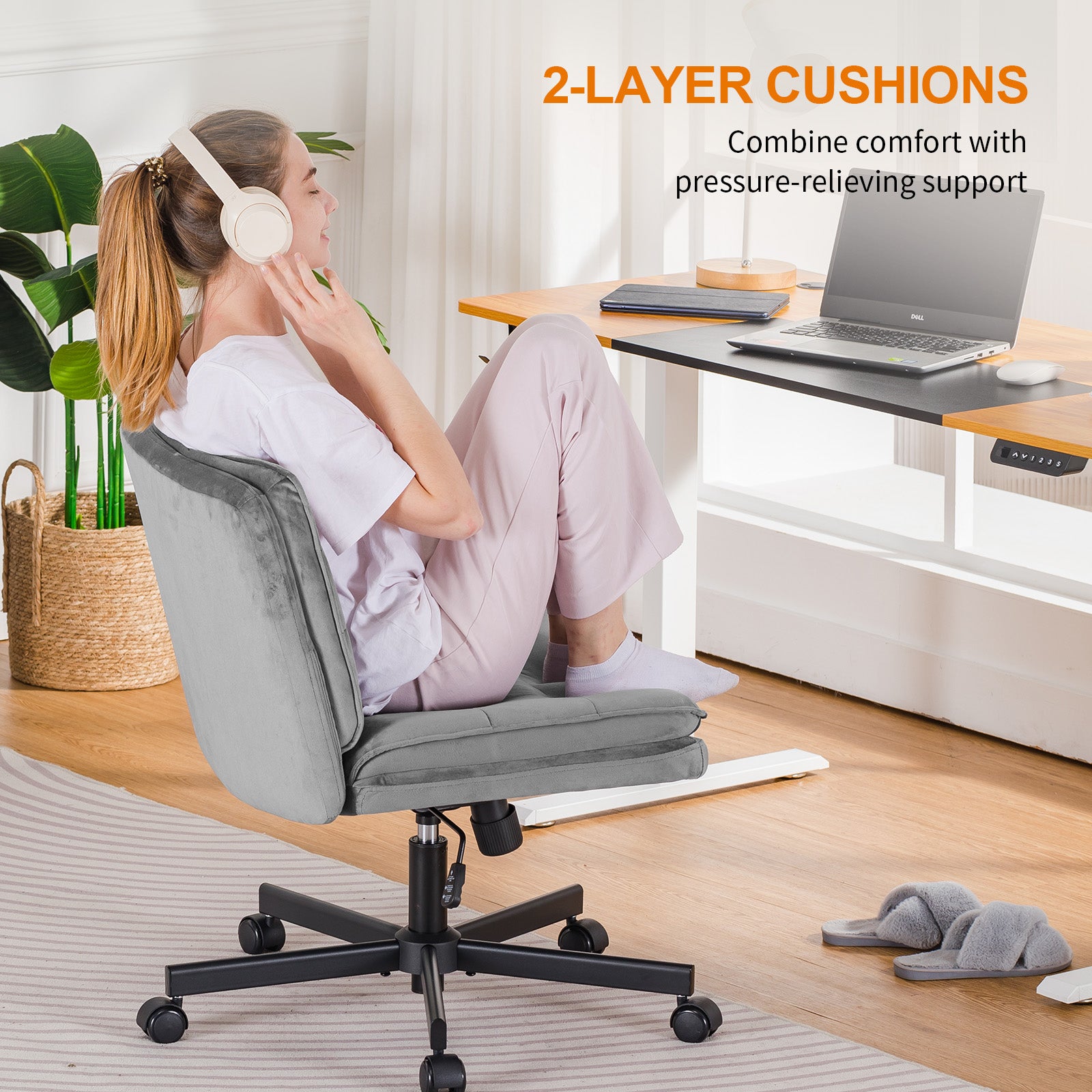 COMHOMA Armless Office Desk Chair with Wheels, PU Leather Padded Cross Legged Office Chair,WMT-CH310