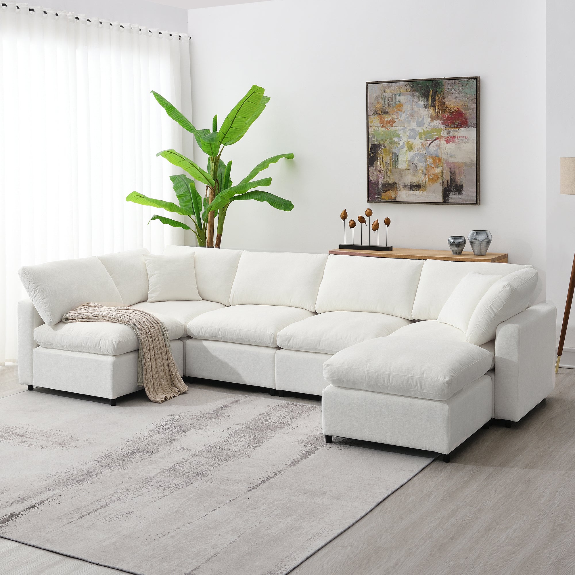 130*65' Modern Modular Cloud Sofa Bed, 6 Seat Chenille Sectional Couch Set with Ottoman,Free Combination,Convertible U Shaped Sleeper Sofa for Living Room, Apartment