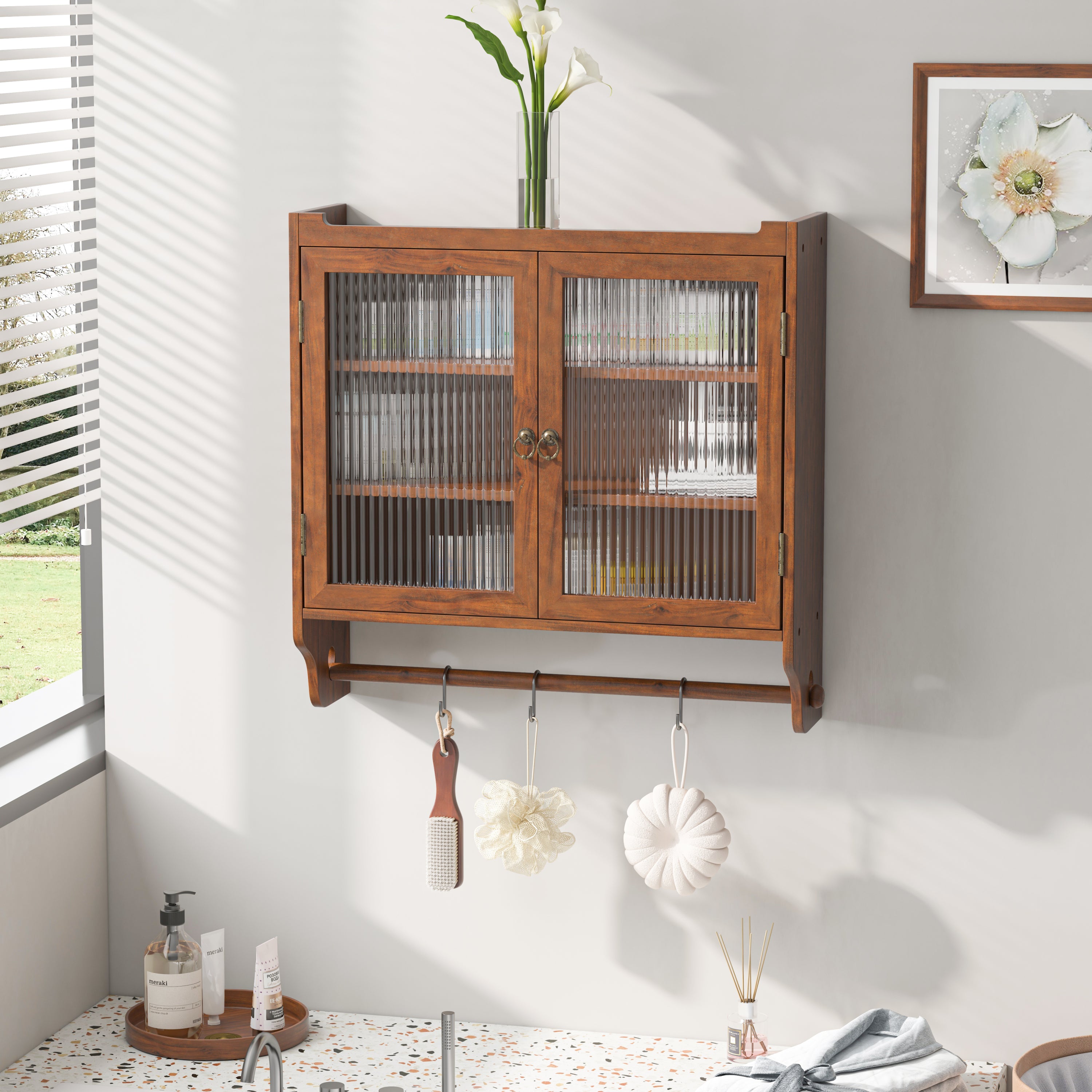 24.8'Glass Door Vintage Double Door Wall Cabinet with Three Tiers of Storage with Towel Rack, for Bathroom, Kitchen,Dining Room,Brown