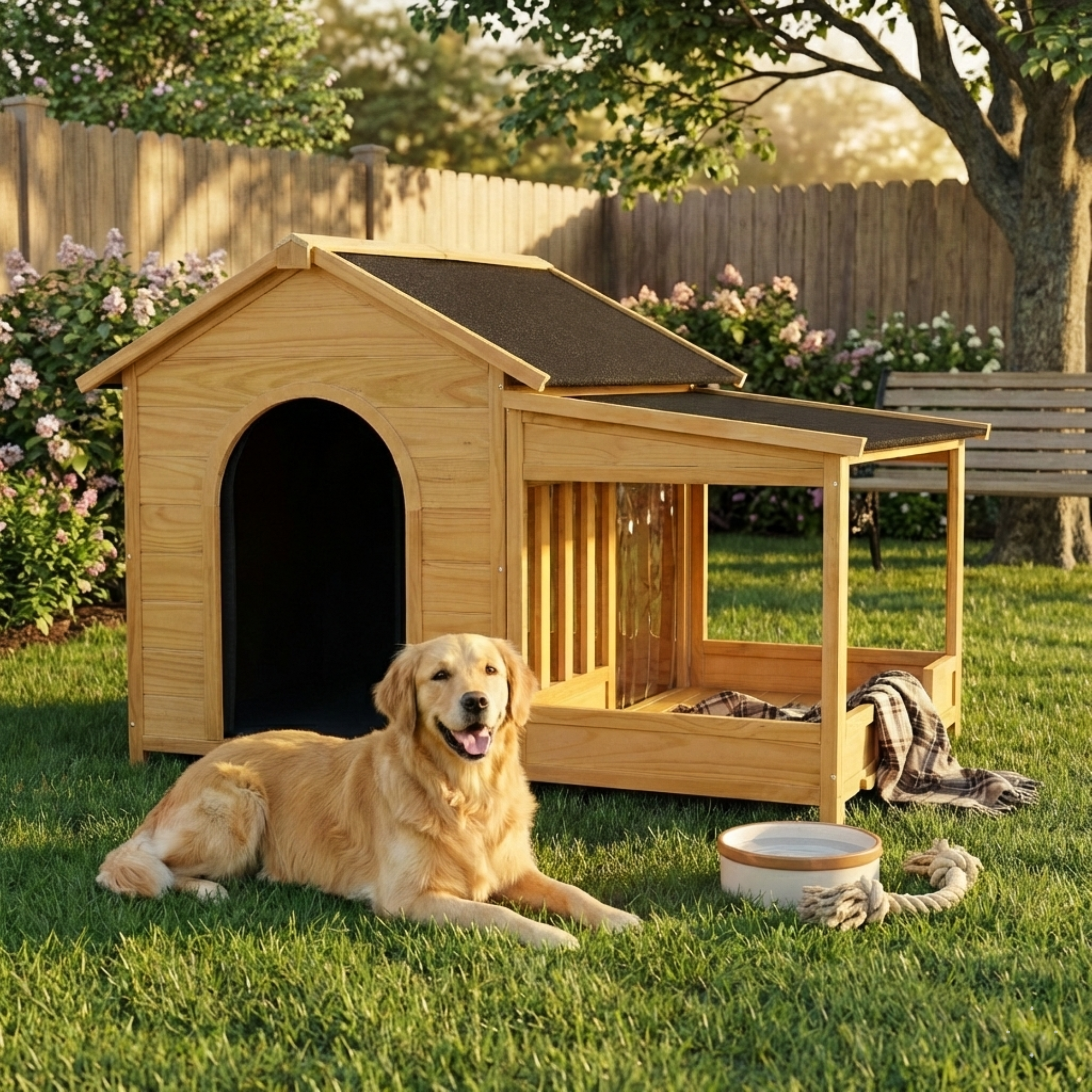 60.2' Large Outdoor Dog House with Insulated Liner for Winter Waterproof Dog Kennel for Medium & Large Dogs, Dog House with Porch and Asphalt Roof and Elevated Floor, Nature