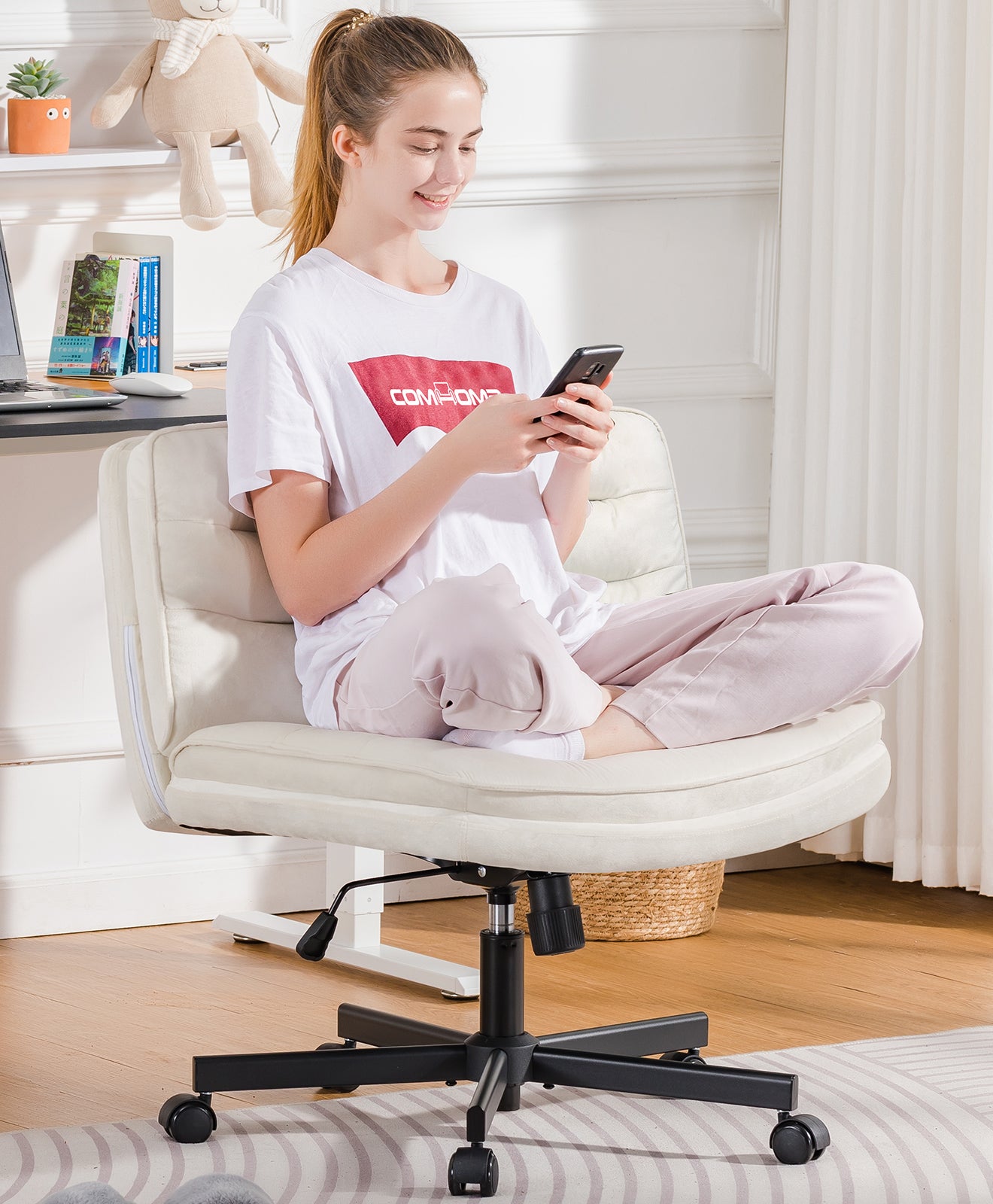 COMHOMA Armless Office Desk Chair with Wheels, PU Leather Padded Cross Legged Office Chair,WMT-CH310