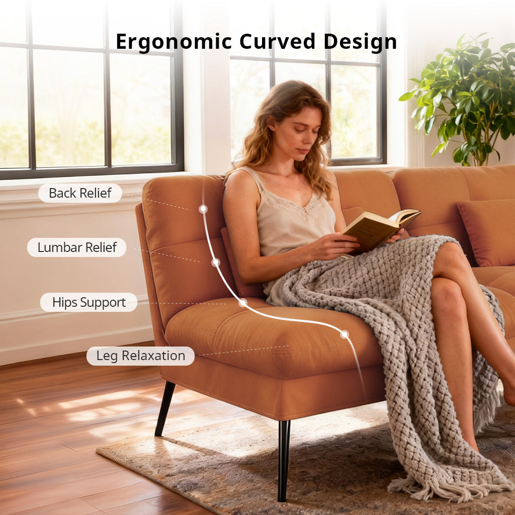 Woman reading a book on a modern brown futon with ergonomic curved design showing back relief, lumbar relief, hips support, and leg relaxation in a bright living room with large windows and plants.