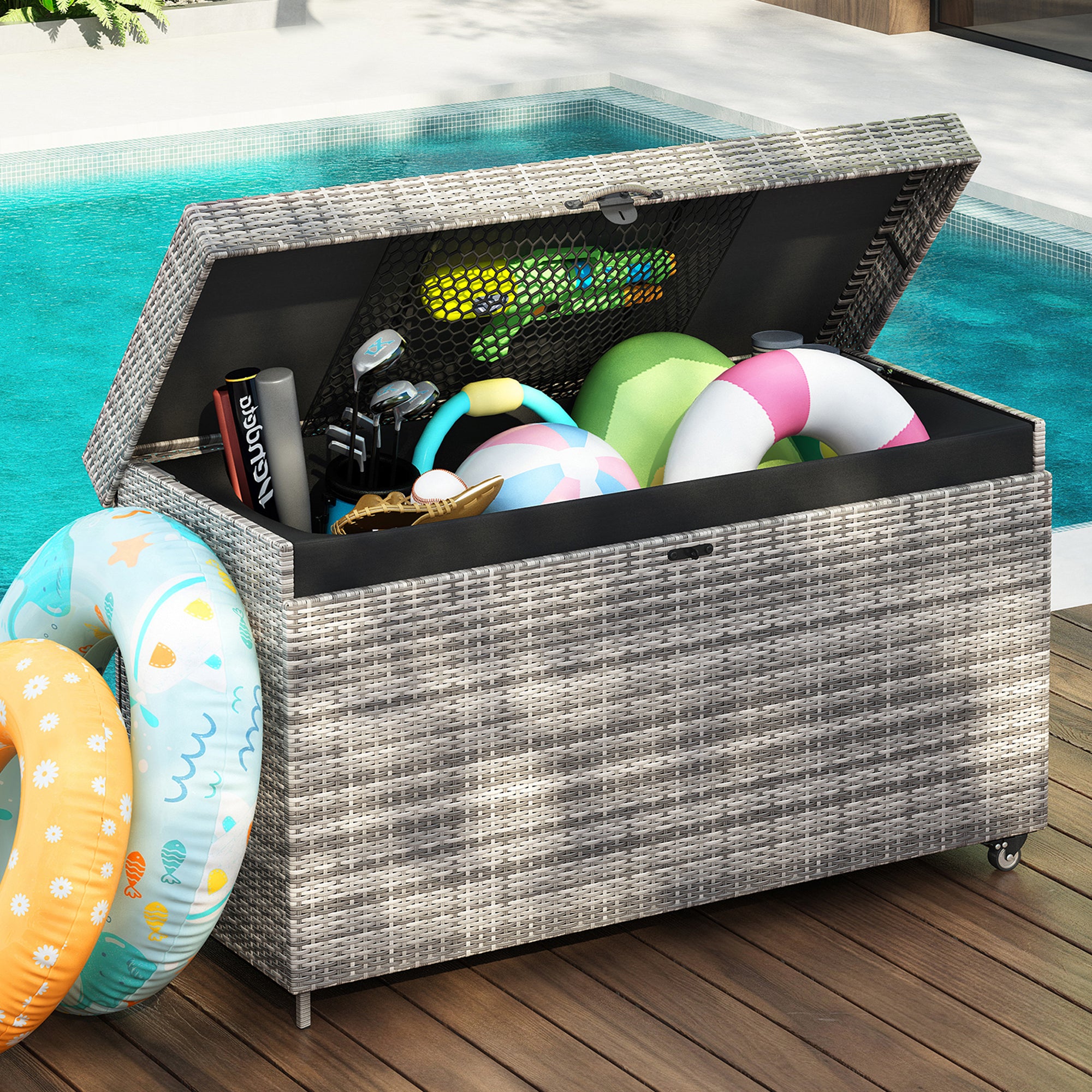 K&K 200 Gallon Wicker Deck Box with Wheels, All-Weather Outdoor Storage Box, Rattan Storage Bin for Patio Furniture, Outdoor Cushions, Pool Storage and Garden Tools - Grey