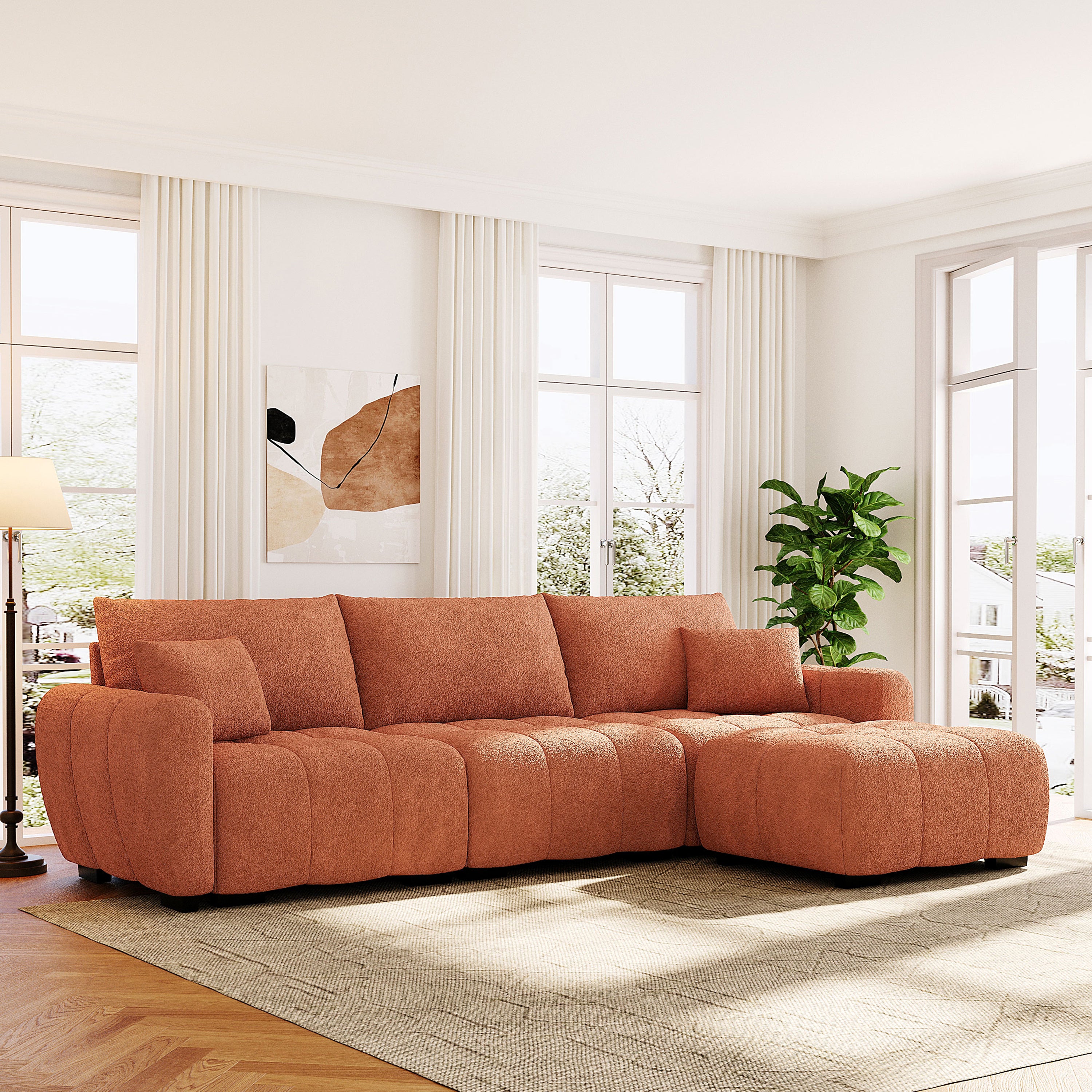 110' Modular Sectional Sofa, L Shape with Extra-large Seat, Pull-line Design, Movable Ottoman, High Density Foam, Free Combination, Sturdy Metal&Wood Frame, Boucle Fabric