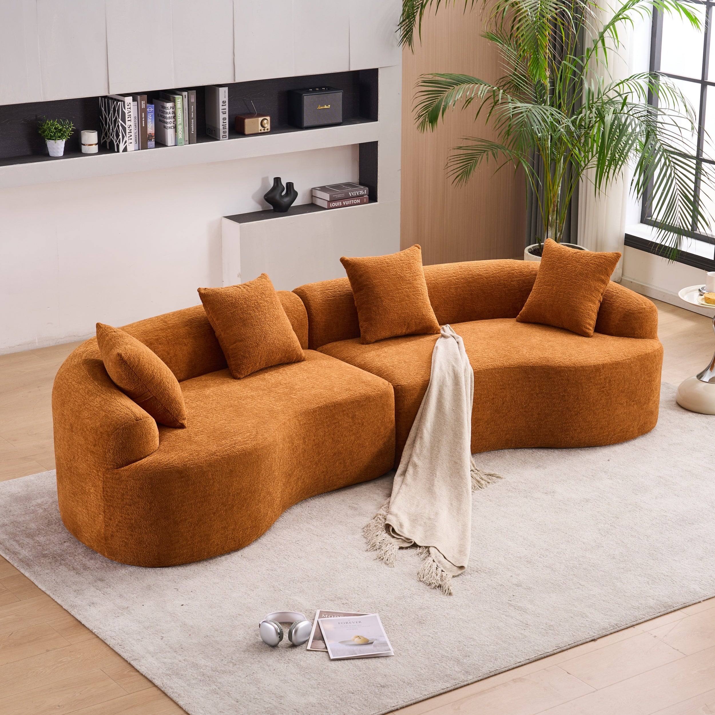 Compression Sponge Sofa Orange Curved Modular Sectional, 30D High-Density Chenille Sleeper Couch for Apartment, Living Room,110'L