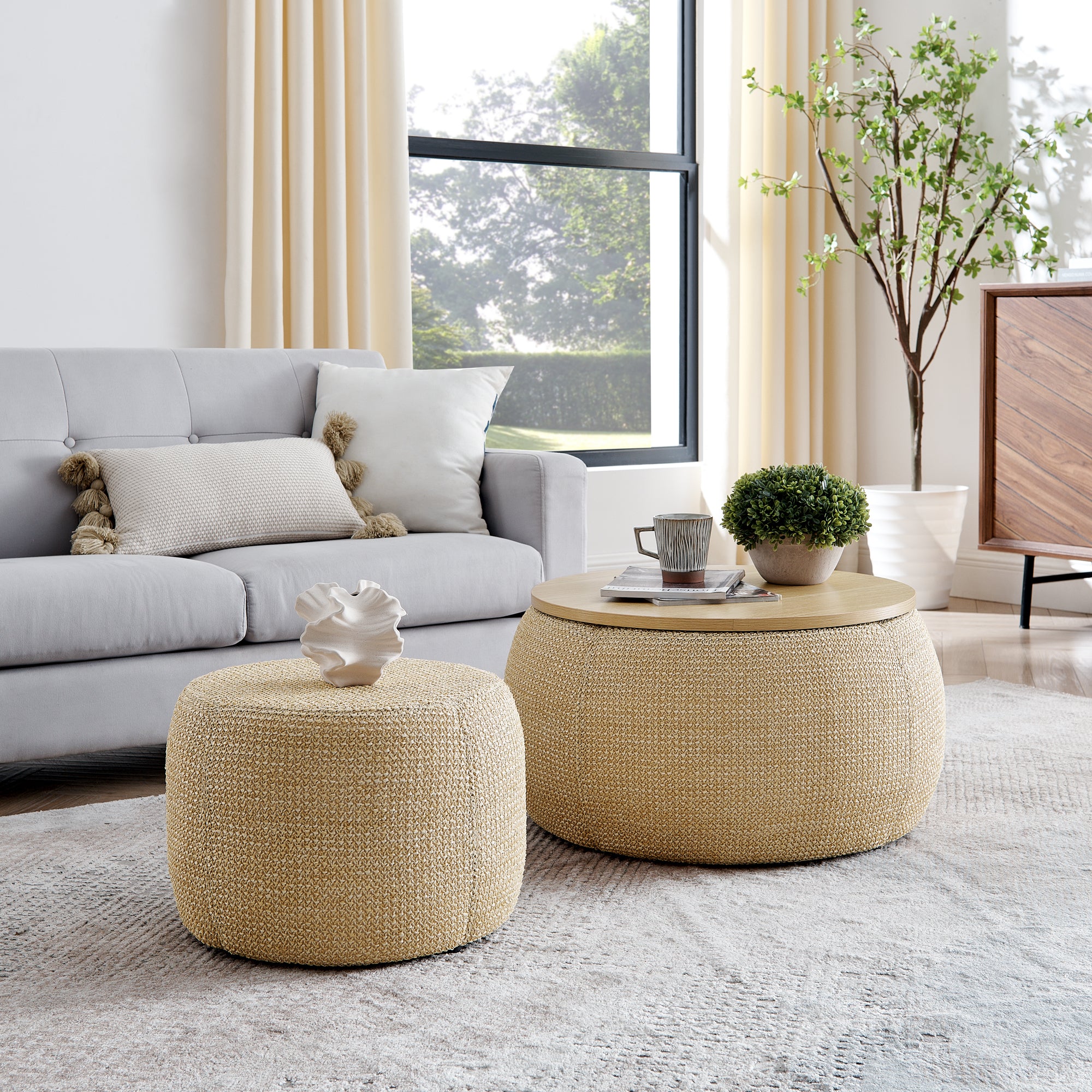 Round Storage Ottoman, Woven rattan fabric Ottoman, 2 in 1 Function, Work as End table and Ottoman,with small seat-nature(25'x25'x14.7')