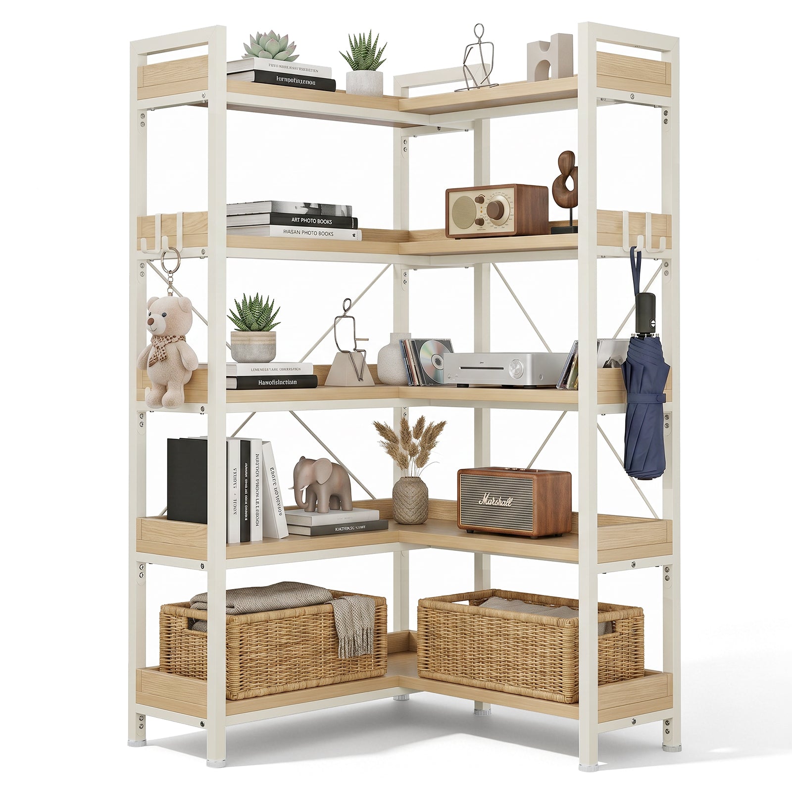 COMHOMA® 5-Tier/6-Tier Corner Bookshelf, L-Shaped Metal Frame Shelf with Tall 14" Shelves HBOK1