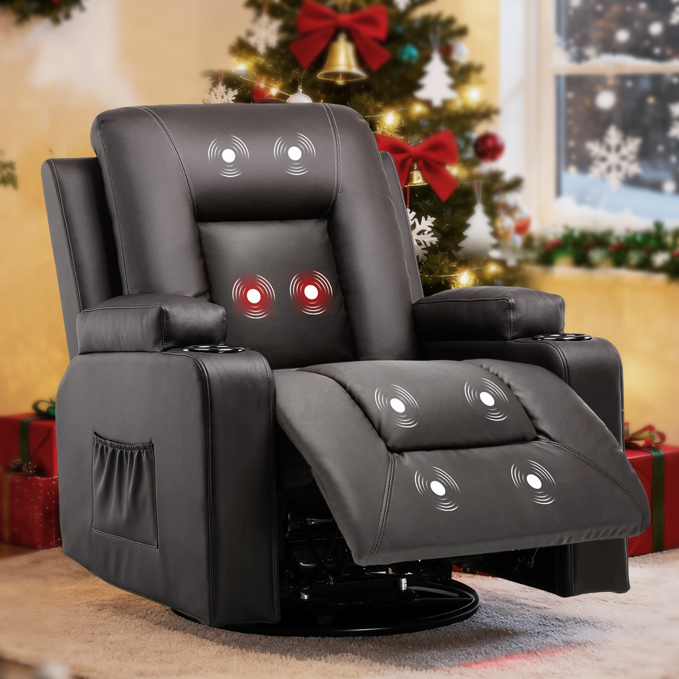 COMHOMA PU Leather Swivel Rocker Recliner With Cup Holders H7134