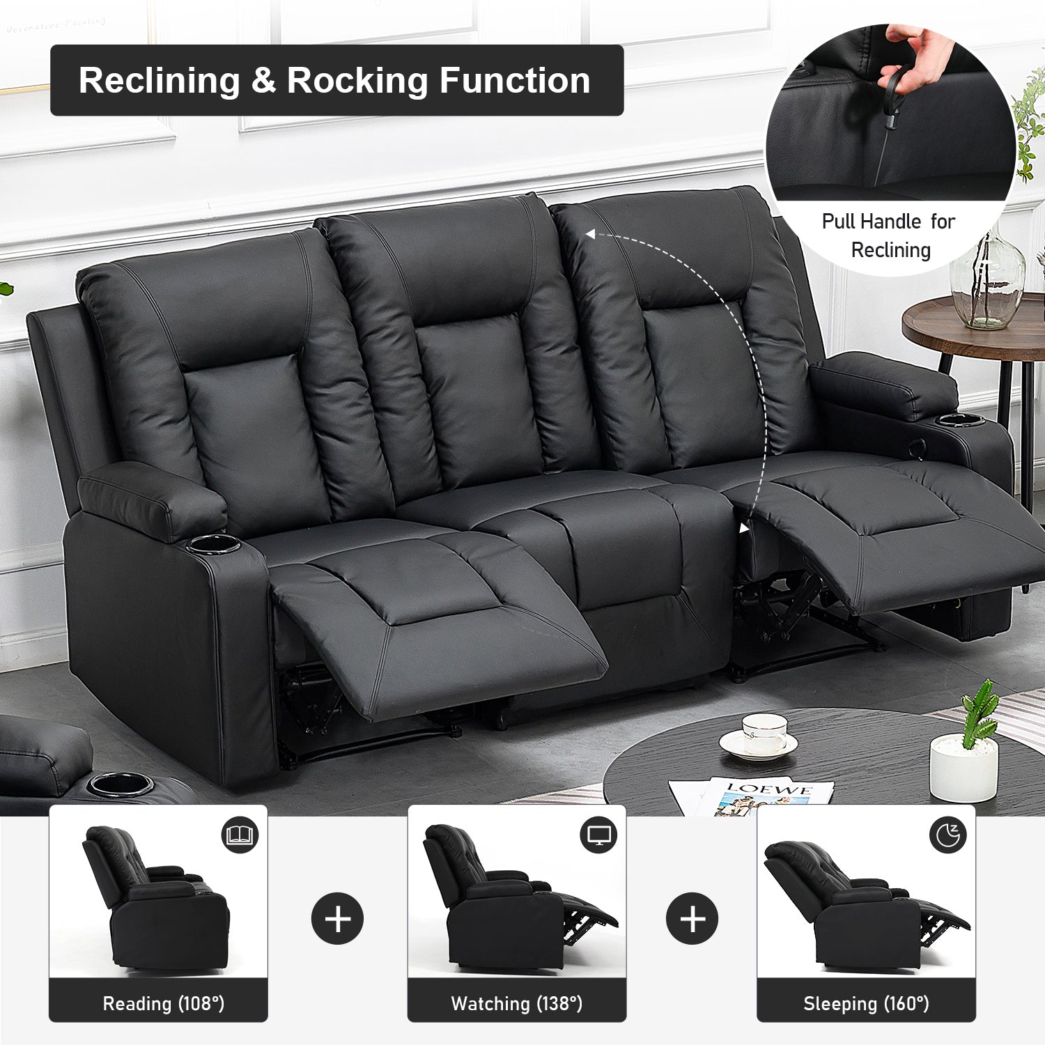 COMHOMA PU Massage Recliner with Swivel, Heat & Cup Holders H7134