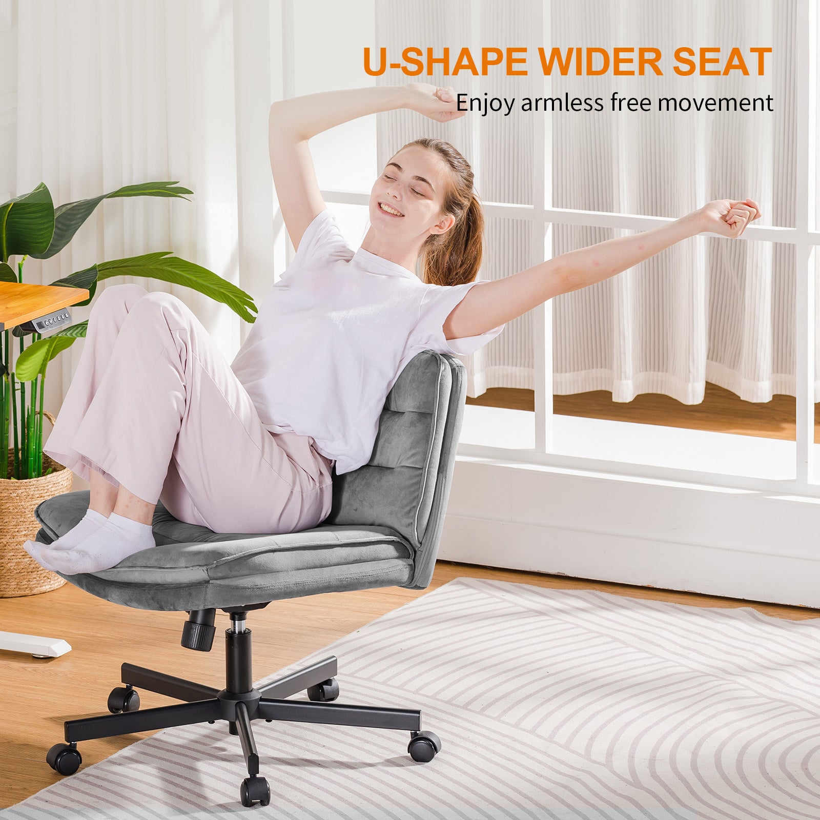 COMHOMA Armless Office Desk Chair with Wheels, PU Leather Padded Cross Legged Office Chair,WMT-CH310