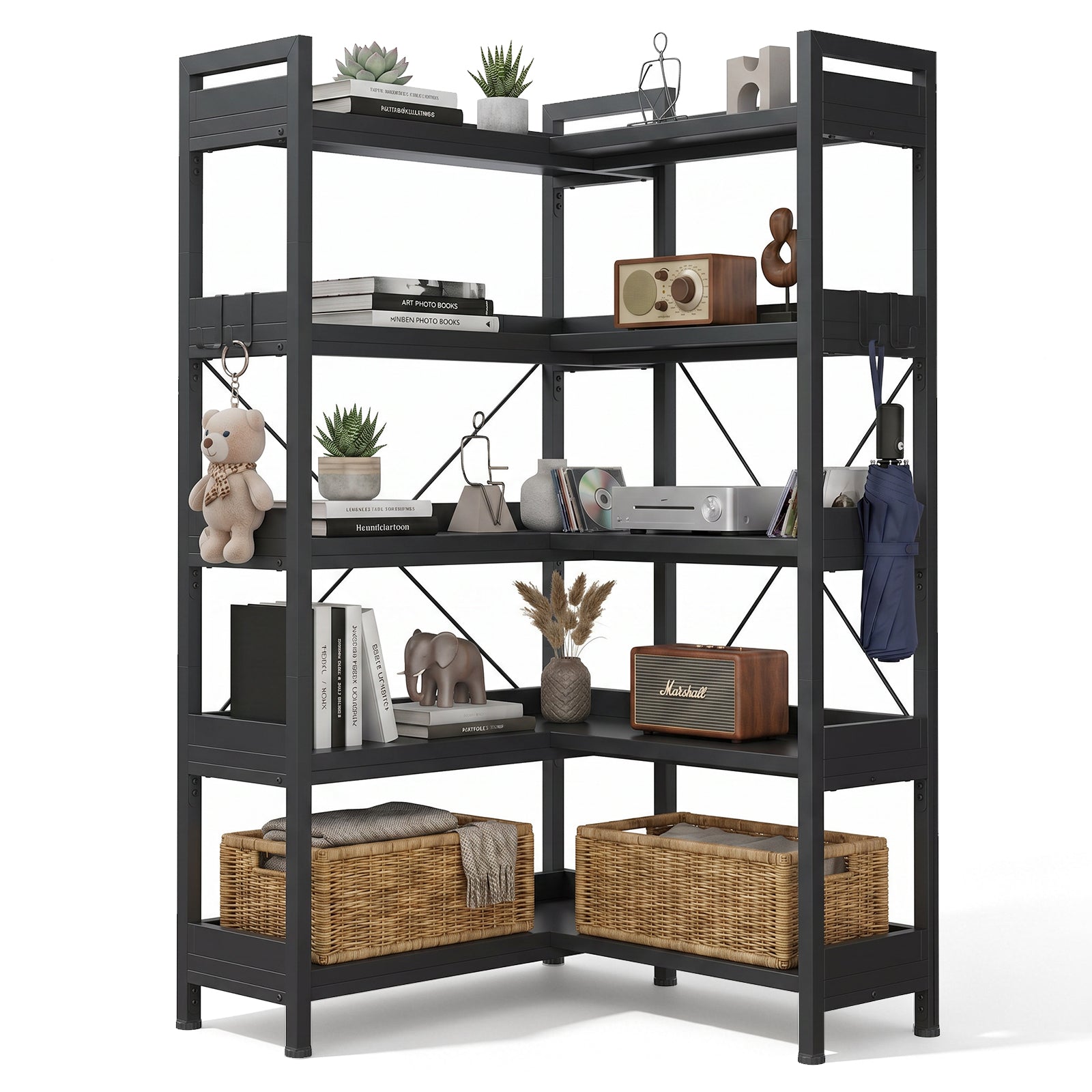 COMHOMA® 5-Tier/6-Tier Corner Bookshelf, L-Shaped Metal Frame Shelf with Tall 14" Shelves HBOK1