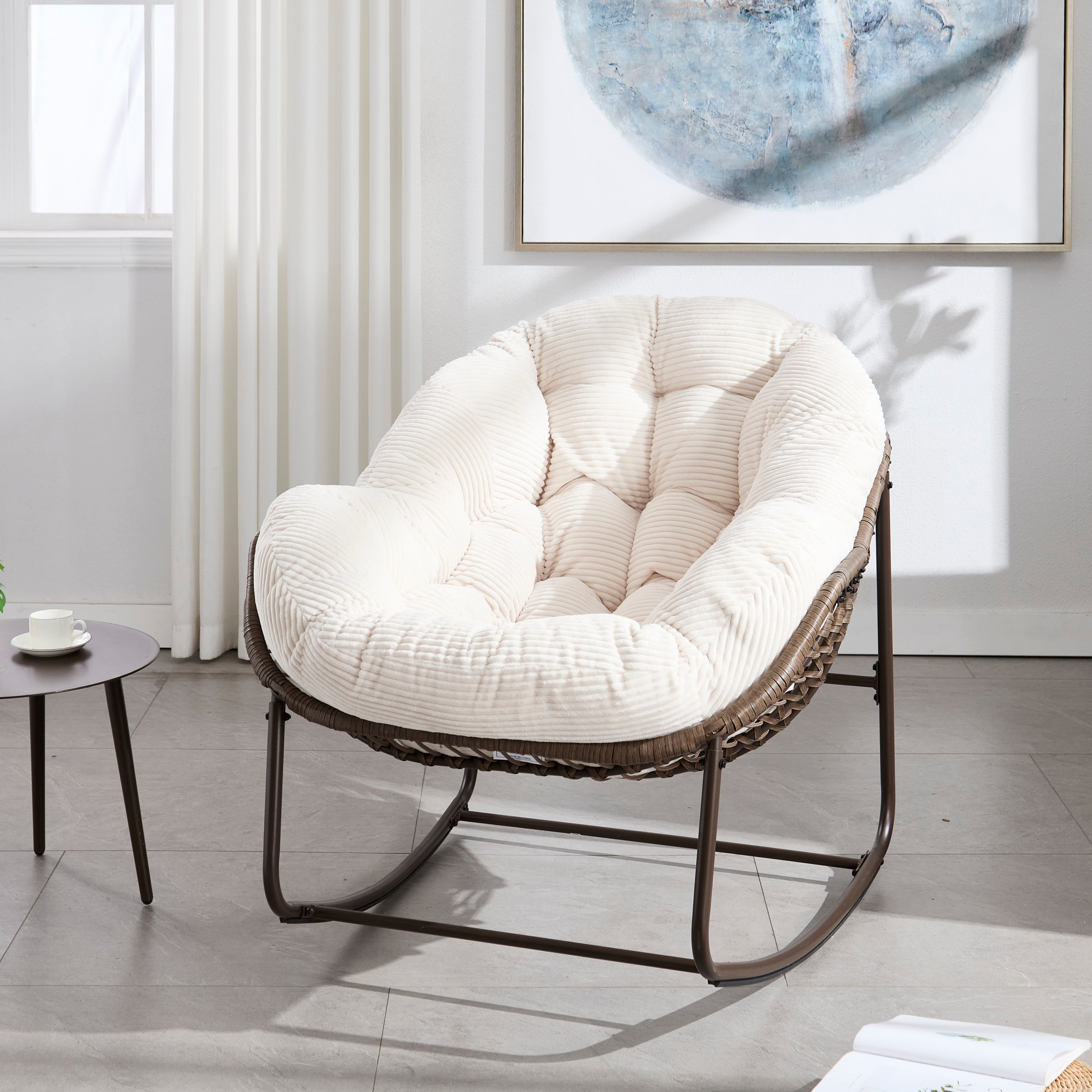 Outdoor Rattan Rocking Chair,Padded Cushion Rocker Recliner Chair Outdoor for Front Porch, Living Room, Patio, Garden,
White