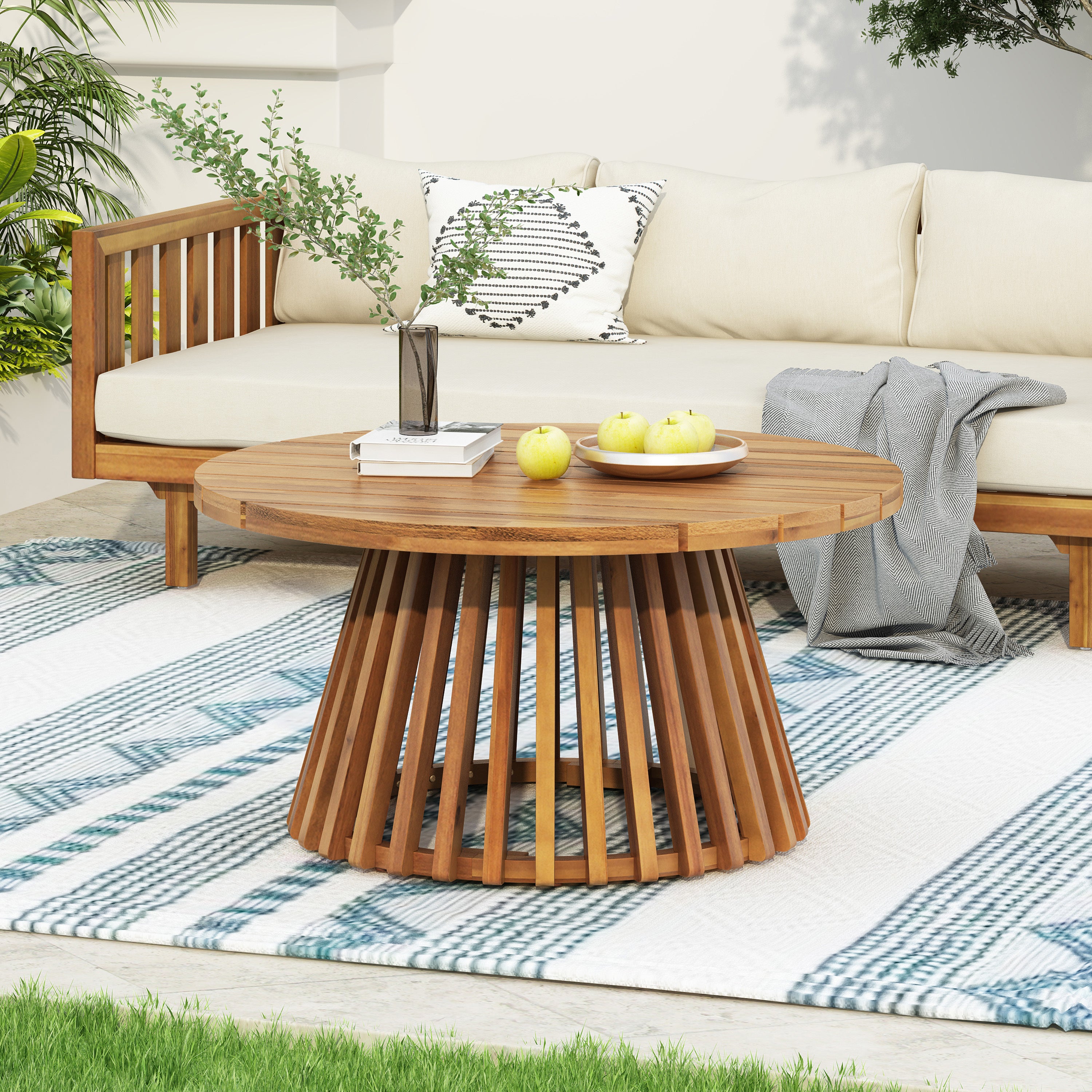 Outdoor Acacia Wood Patio Coffee Table, Round Coffee Table for Backyard, Lawn, Balcony,Teak Finish