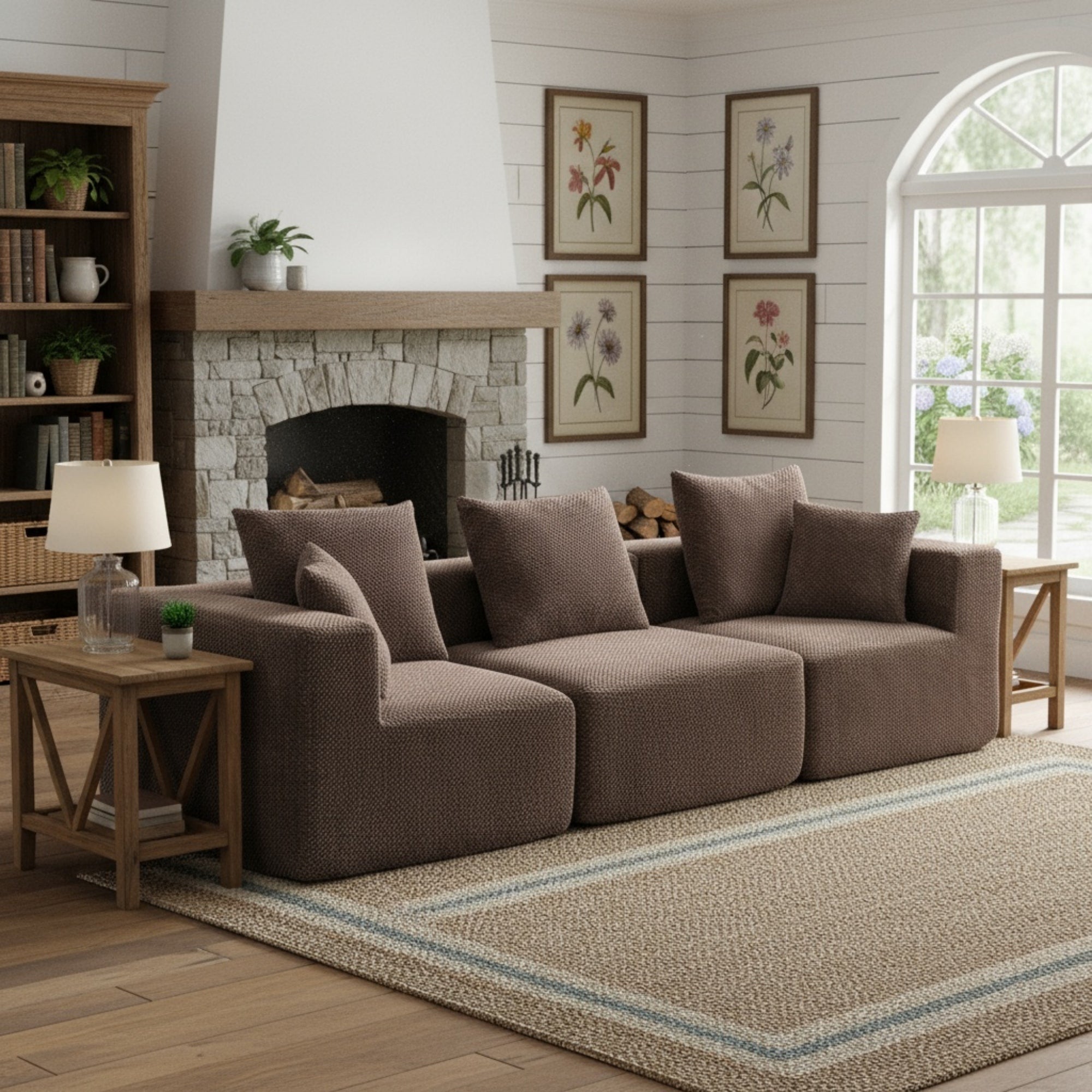 Oversized Modular Deep-Seat Sofa, 3-Piece All-Foam Sectional Couch in Soft Textured Fabric, Tool-Free Assembly, Apartment-Friendly Low Profile, 111' × 37' × 23.6'-Brown