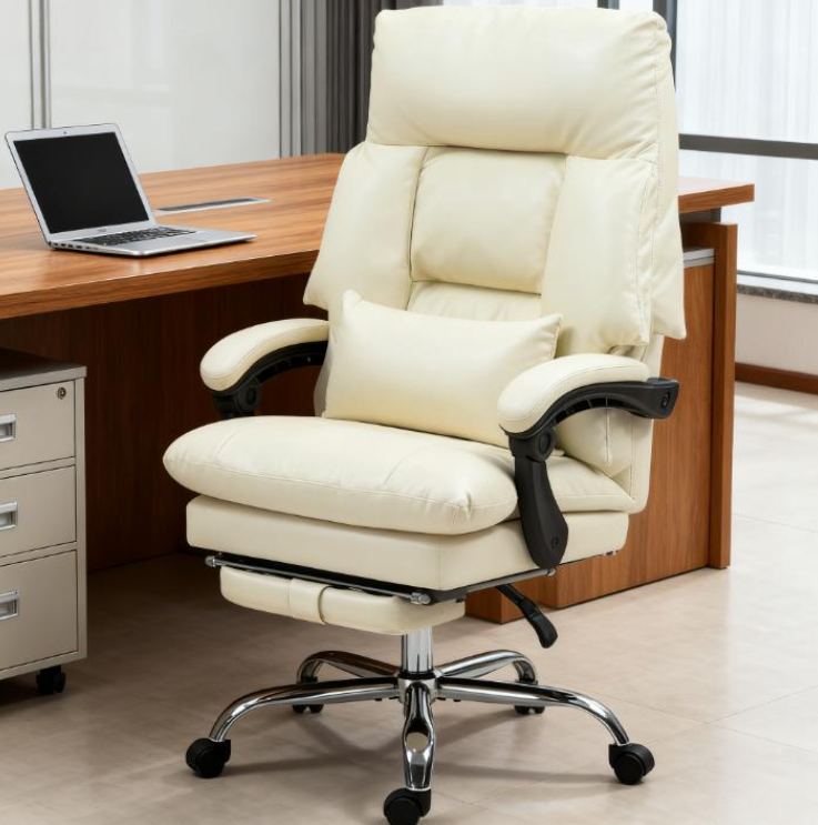 Overstuffed Office Chair, High Back Desk Chair with Foot Rest, Cream White