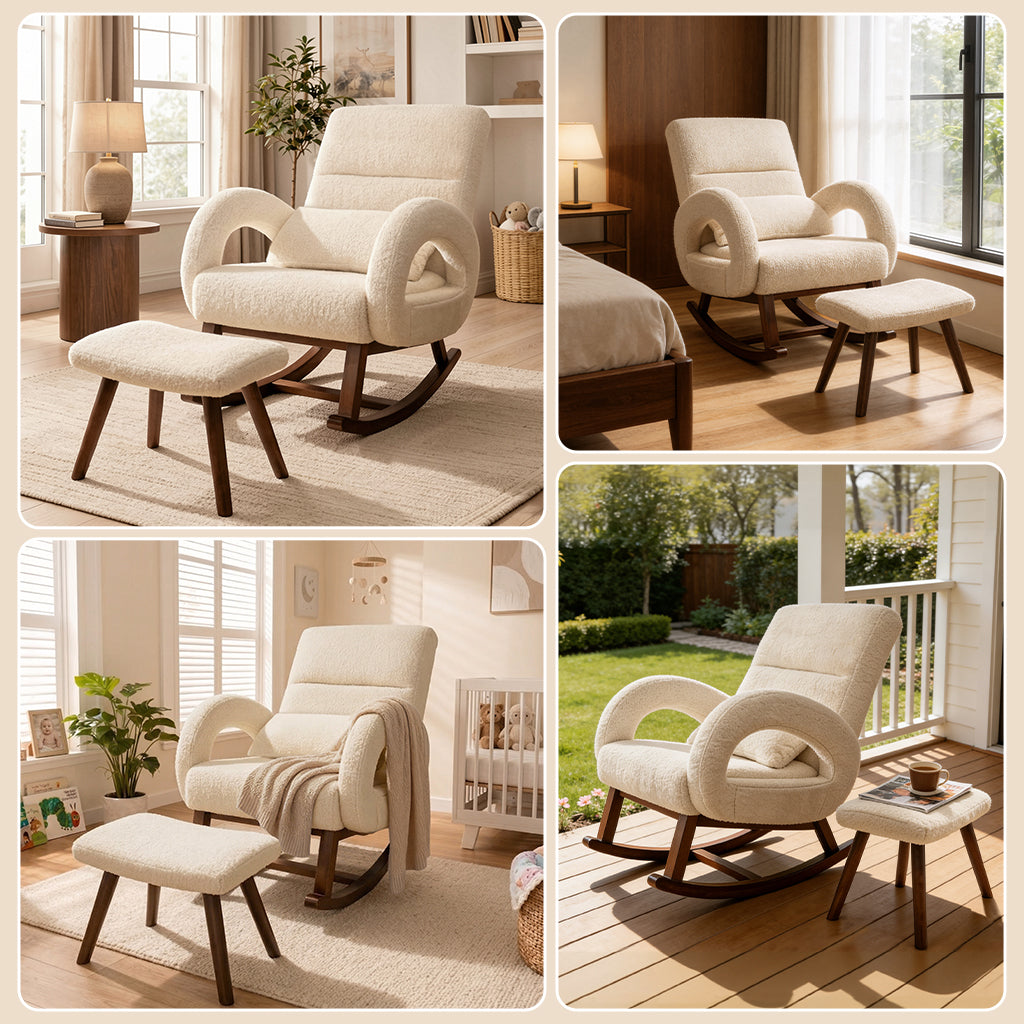 COMHOMA rocking chair and ottoman with teddy fabric and lumber pillow shown in living room, nursery, and porch settings, part of New Arrivals and Rocking Chairs collections.
