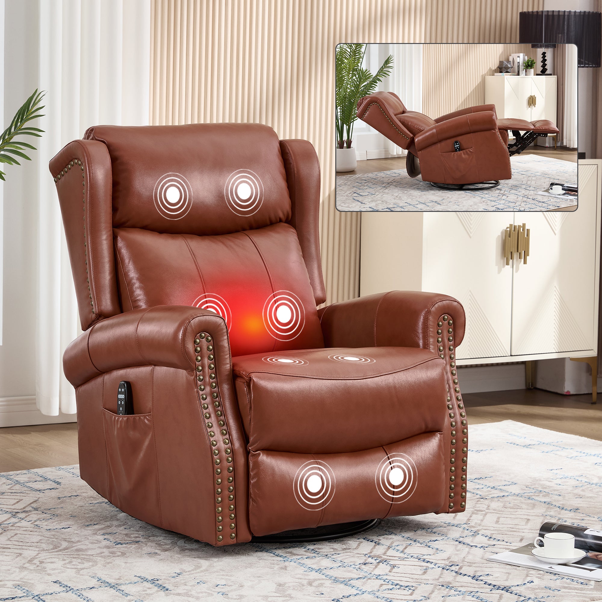Heat Massage Manual Recliner Chair with Rocker and Swivel in Genuine leather for Living Room, Red