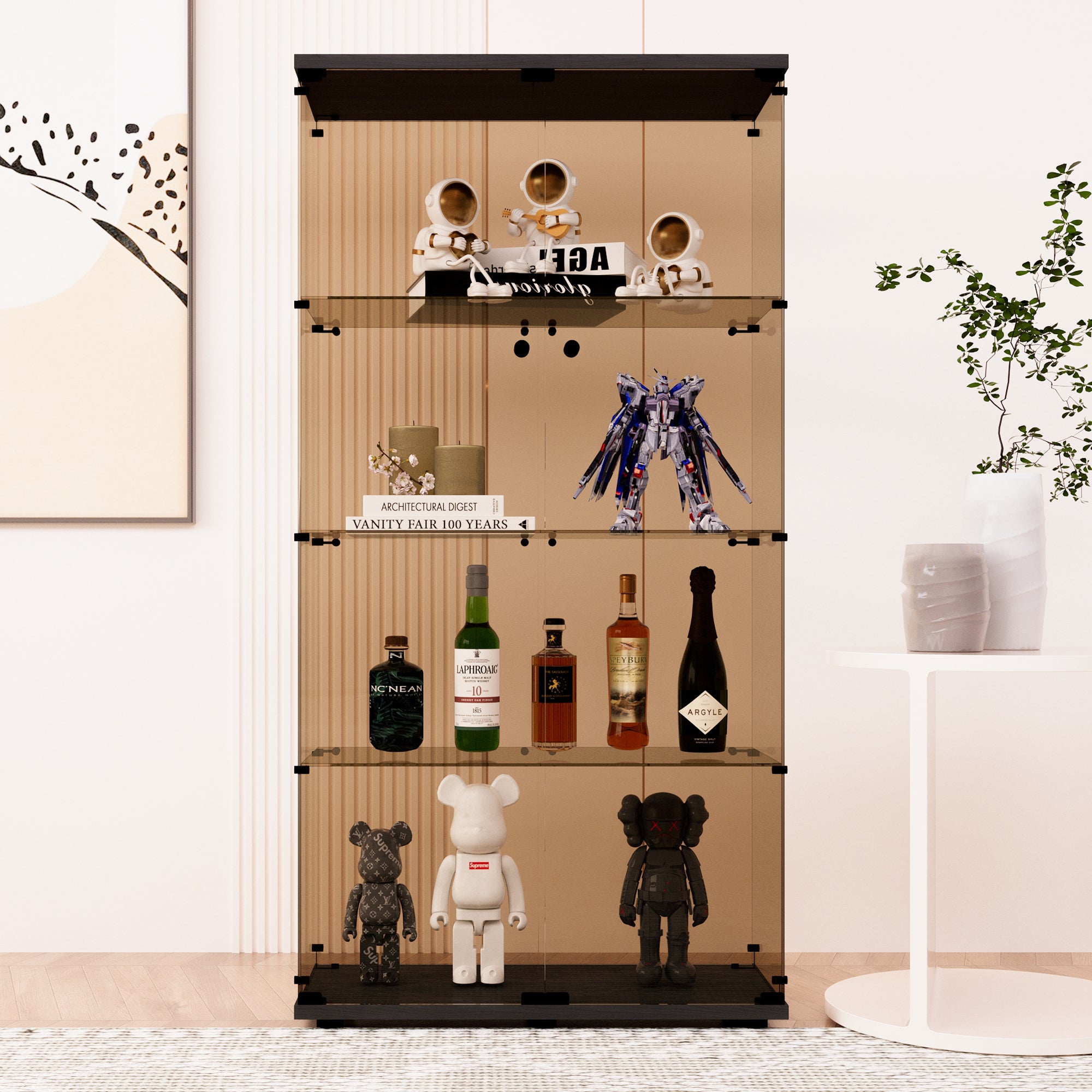 Two-door Tawny Glass Display Cabinet 4 Shelves with Door, Floor Standing Curio Bookshelf for Living Room Bedroom Office, 64.7'*31.7'*14.3',Black