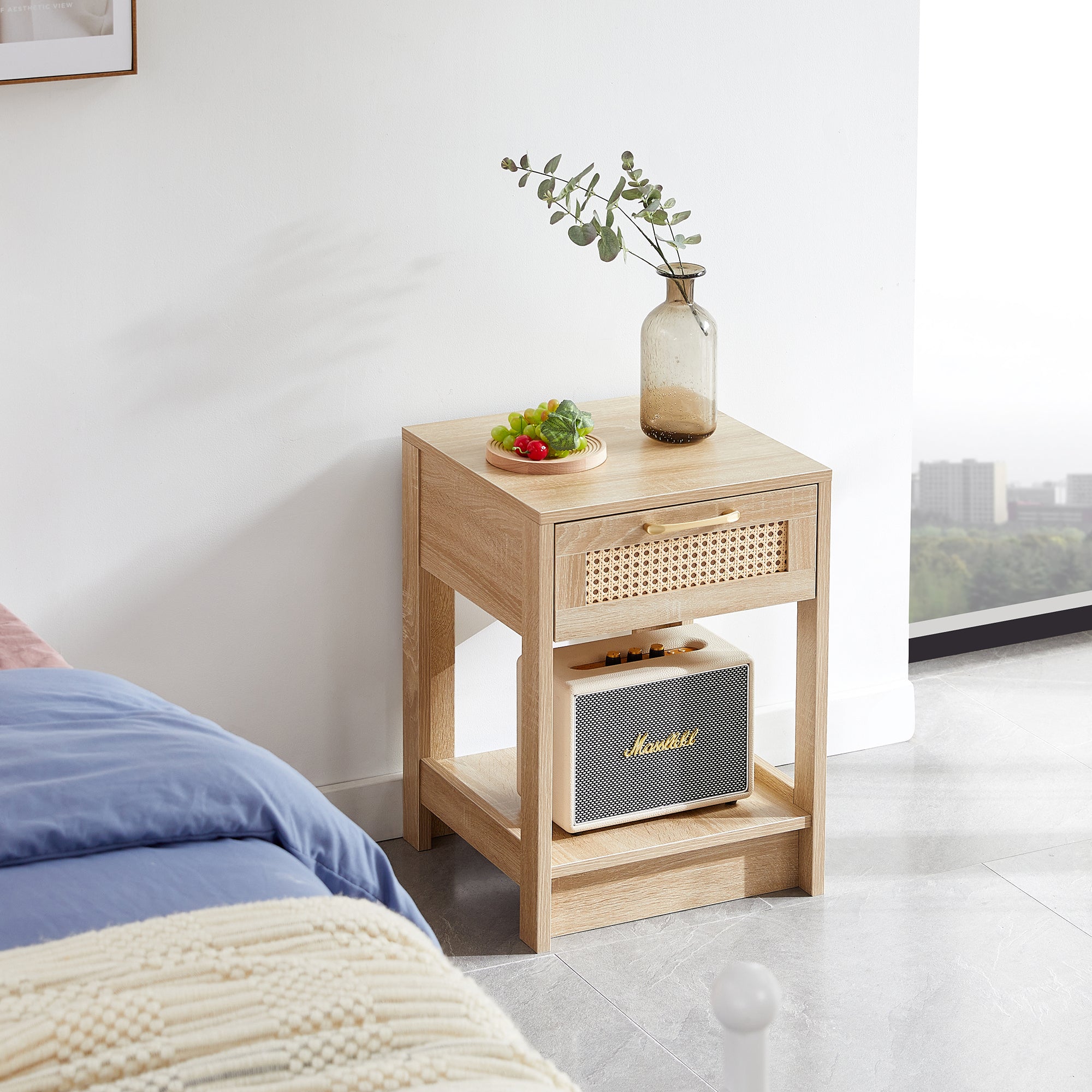 15.75' Rattan End table with drawer, Modern nightstand, side table for living room, bedroom,natural