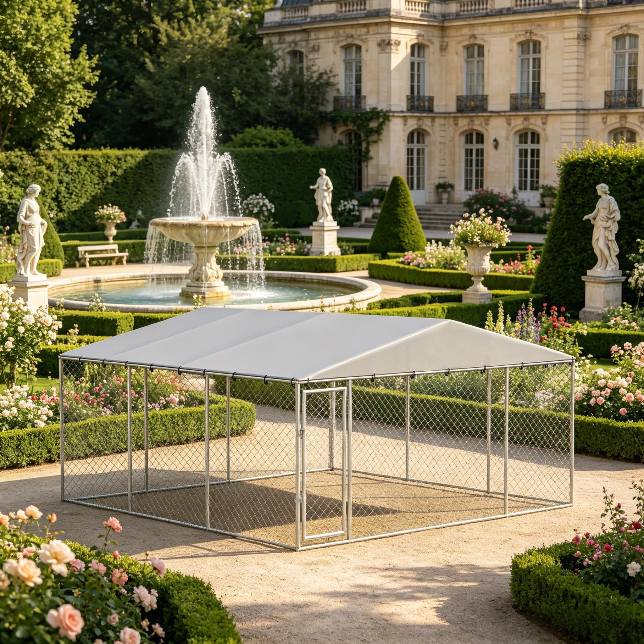 Outdoor dog kennel with steel frame and waterproof roof set in a manicured garden featuring a decorative fountain and classical statues