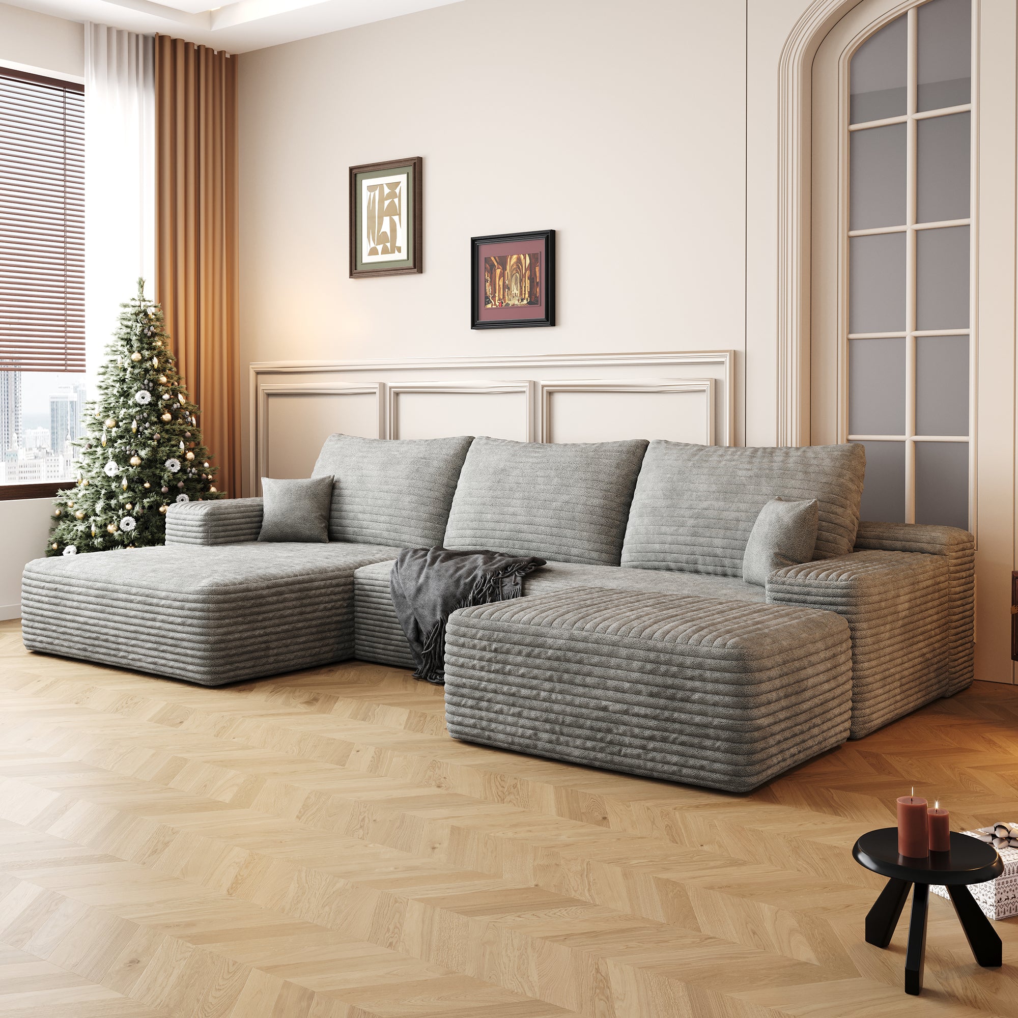 107'Cloud Sectional Sofa with 1 Ottoman,Modern Minimalist Upholstered Couches,Comfort U Shaped Sofa for Living Room,Deep Seat Corner Couch,No Assembly Required,Grey (Plush Corduroy Fabric)