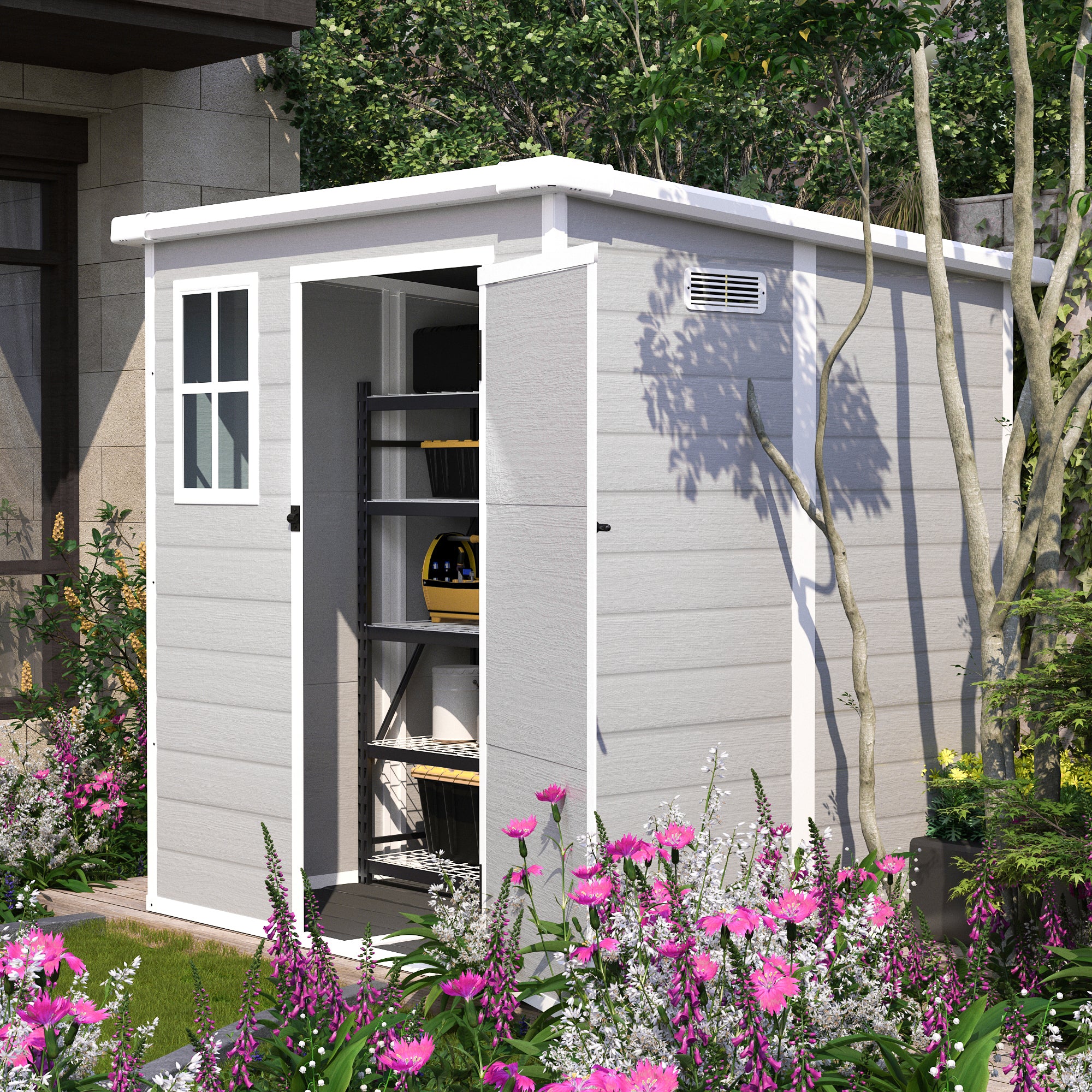 6x6 FT Storage Shed, Waterproof Resin Outdoor Storage Shed with Floor & Window & Lockable Doors and Vents, Tool Shed for Bike, Garden, Backyard,Lawn, All Weather Use, Light Grey