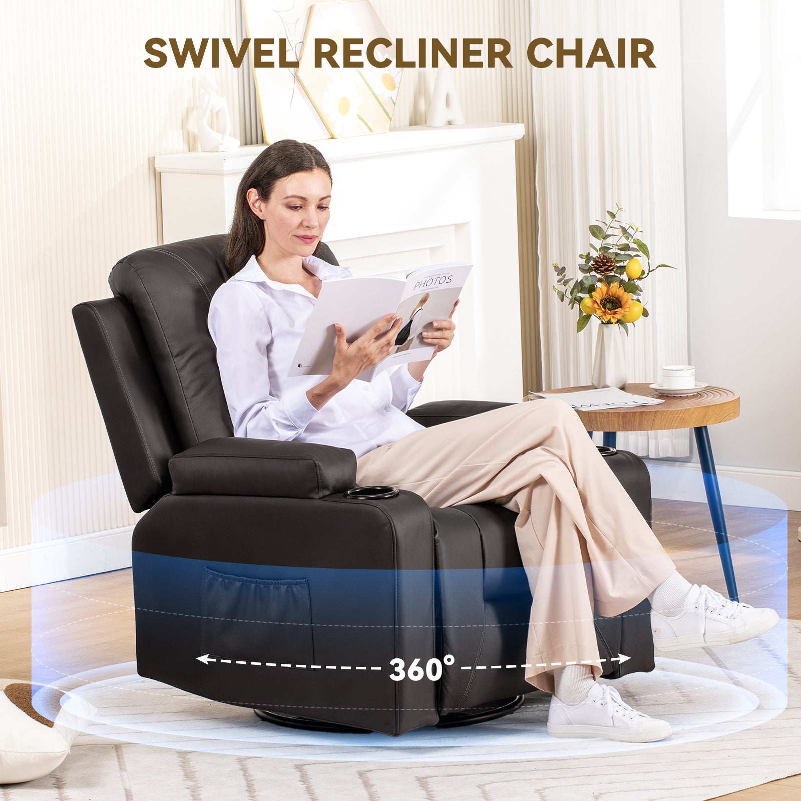 COMHOMA PU Massage Recliner with Swivel, Heat & Cup Holders H7134