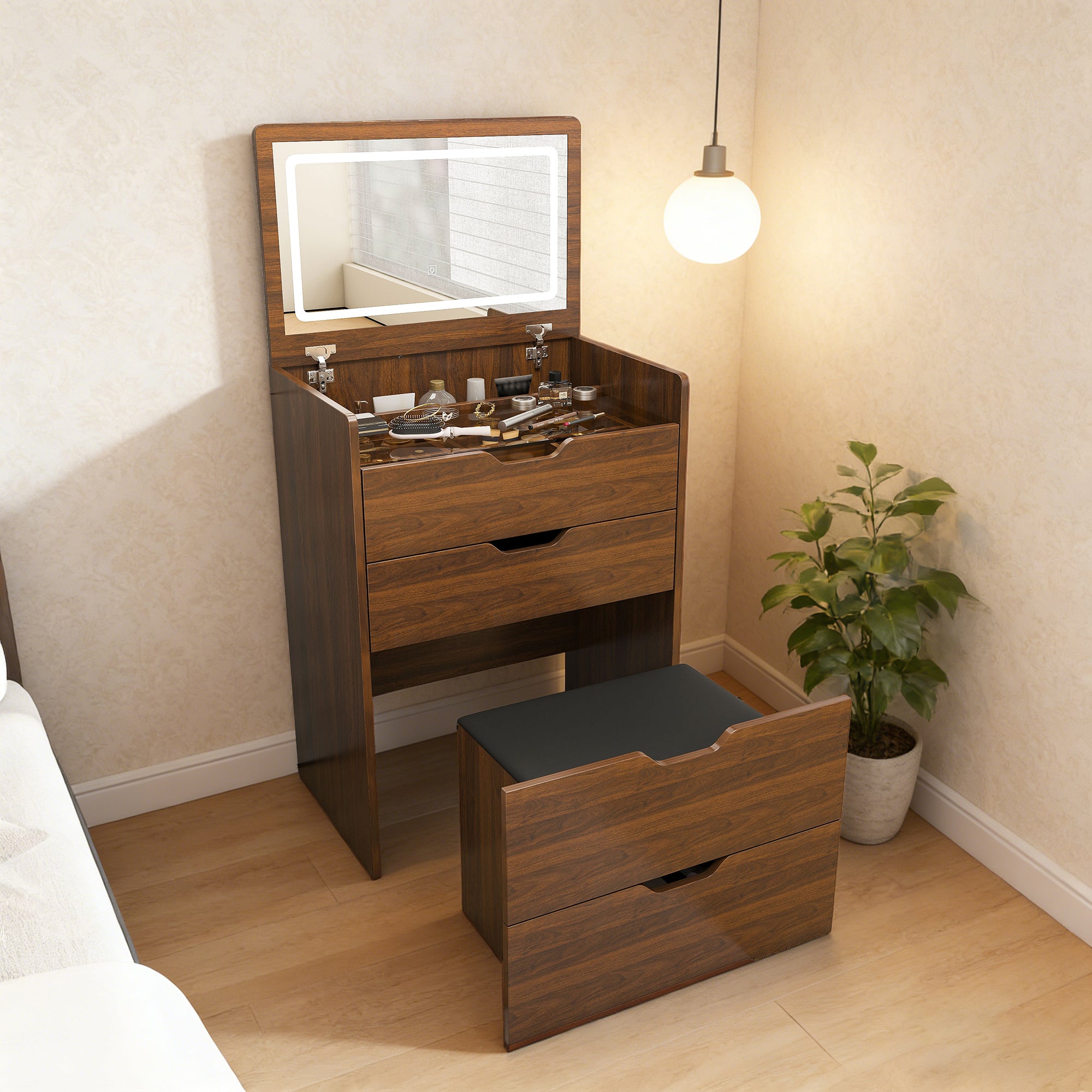 3-in-1 Vanity Desk with Lighted Mirror & Stool, Flip Top Makeup Dressing Table, Compact Storage for Bedroom, Bathroom, Dressing Room(23.62'L, Walnut)