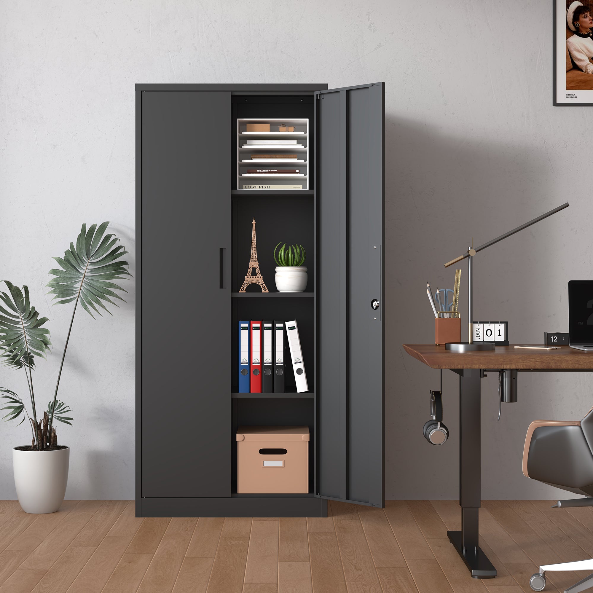71'H Metal Garage Storage Cabinet, Black Tool Steel Locking Cabinet with Doors and 3 Shelves, Tall Cabinets for Garage Storage Systems Lockable File Cabinet for Home Office, Classroom/Pantry
