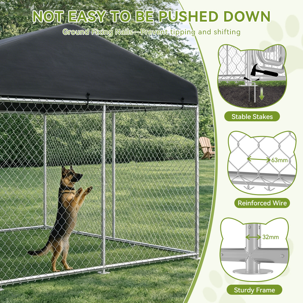 Dog inside a metal outdoor kennel with all weather resistant roof on grass, text "NOT EASY TO BE PUSHED DOWN", features include "Ground Fixing Nails—Prevent tipping and shifting," stable stakes illustration, reinforced wire 63mm spacing, and sturdy frame 32mm thickness, suitable for garden and outdoor pet supplies.